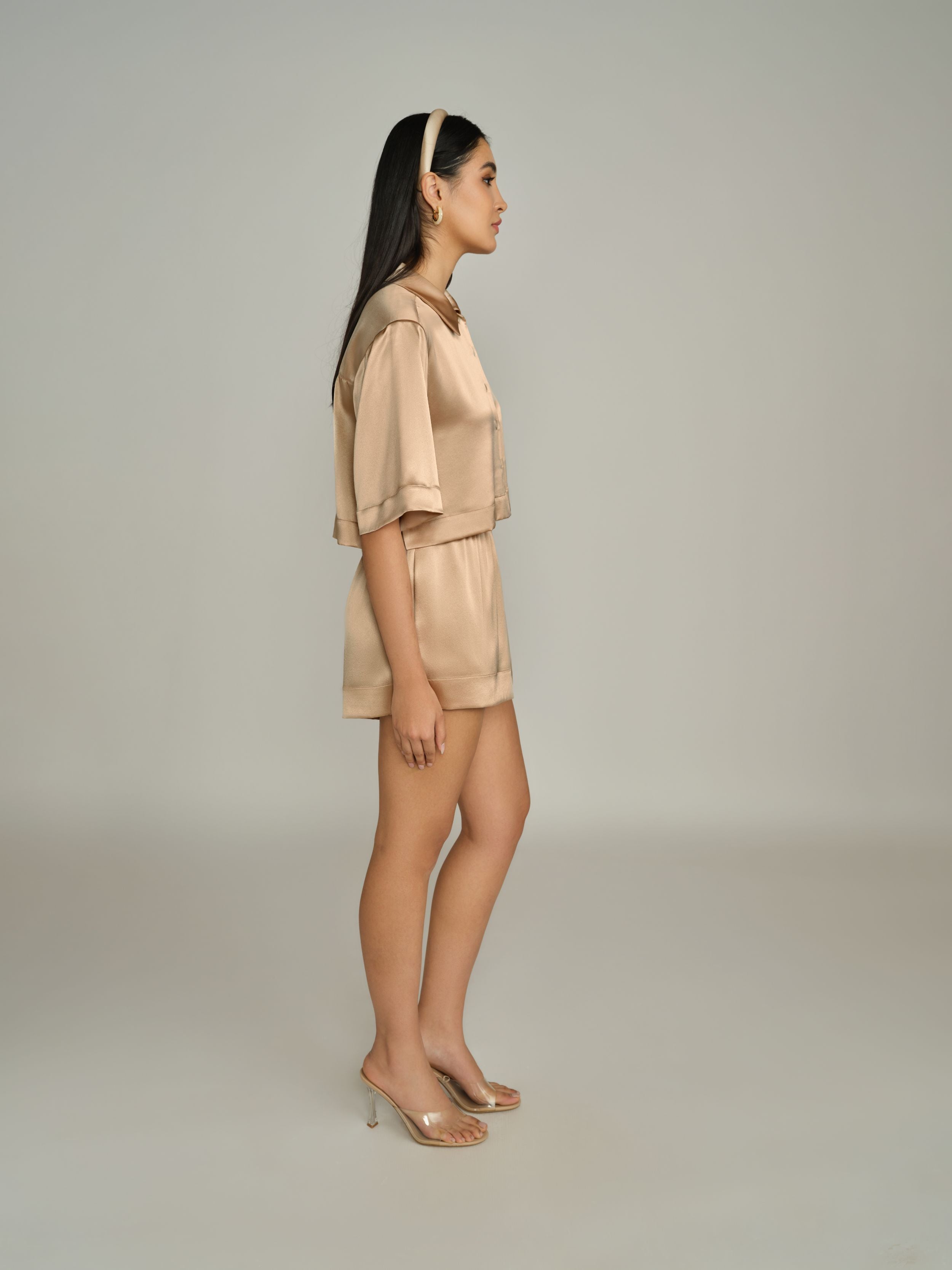 Champagne Silk Cropped Bowling Shirt