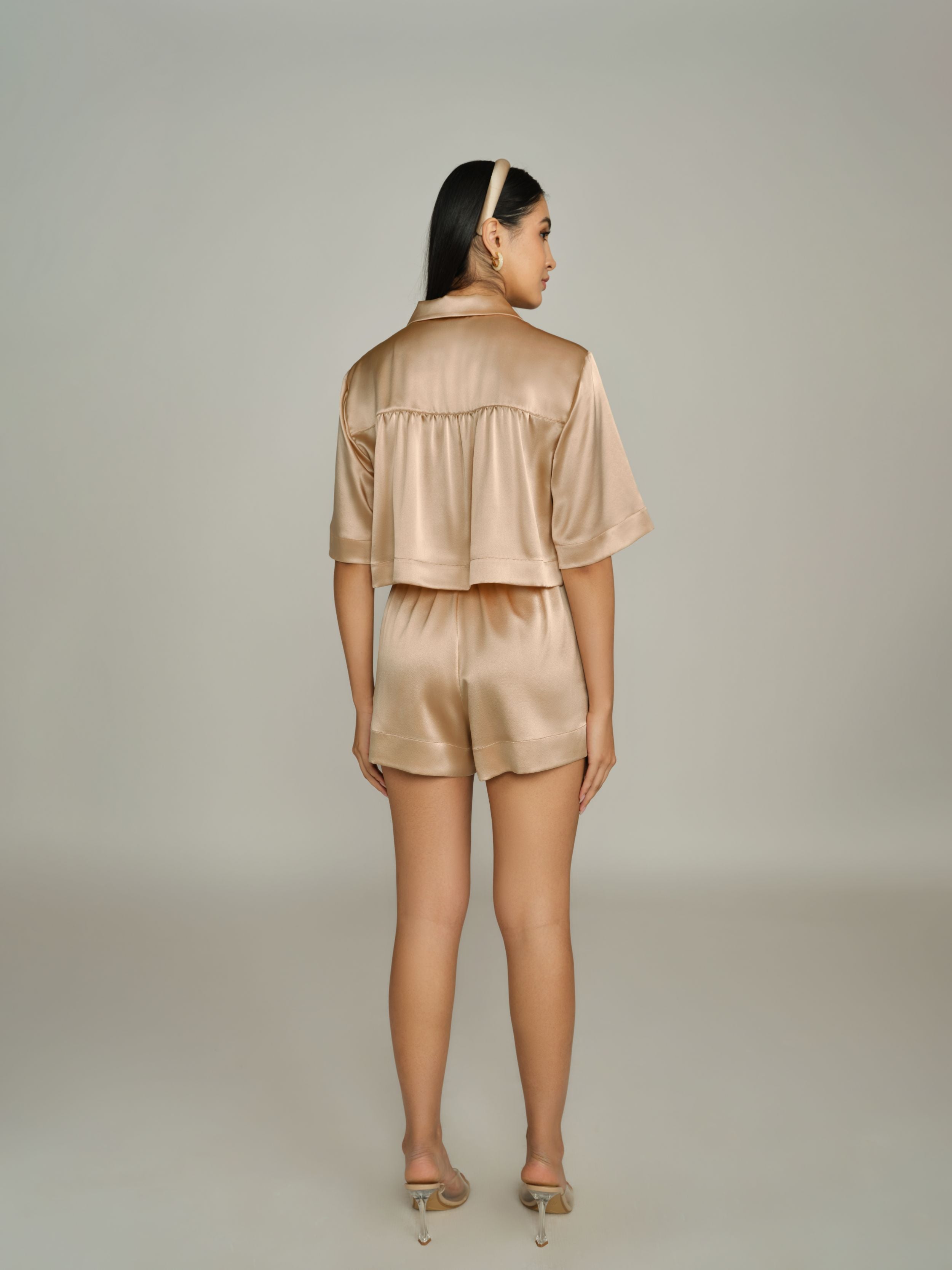 Champagne Silk Cropped Bowling Shirt