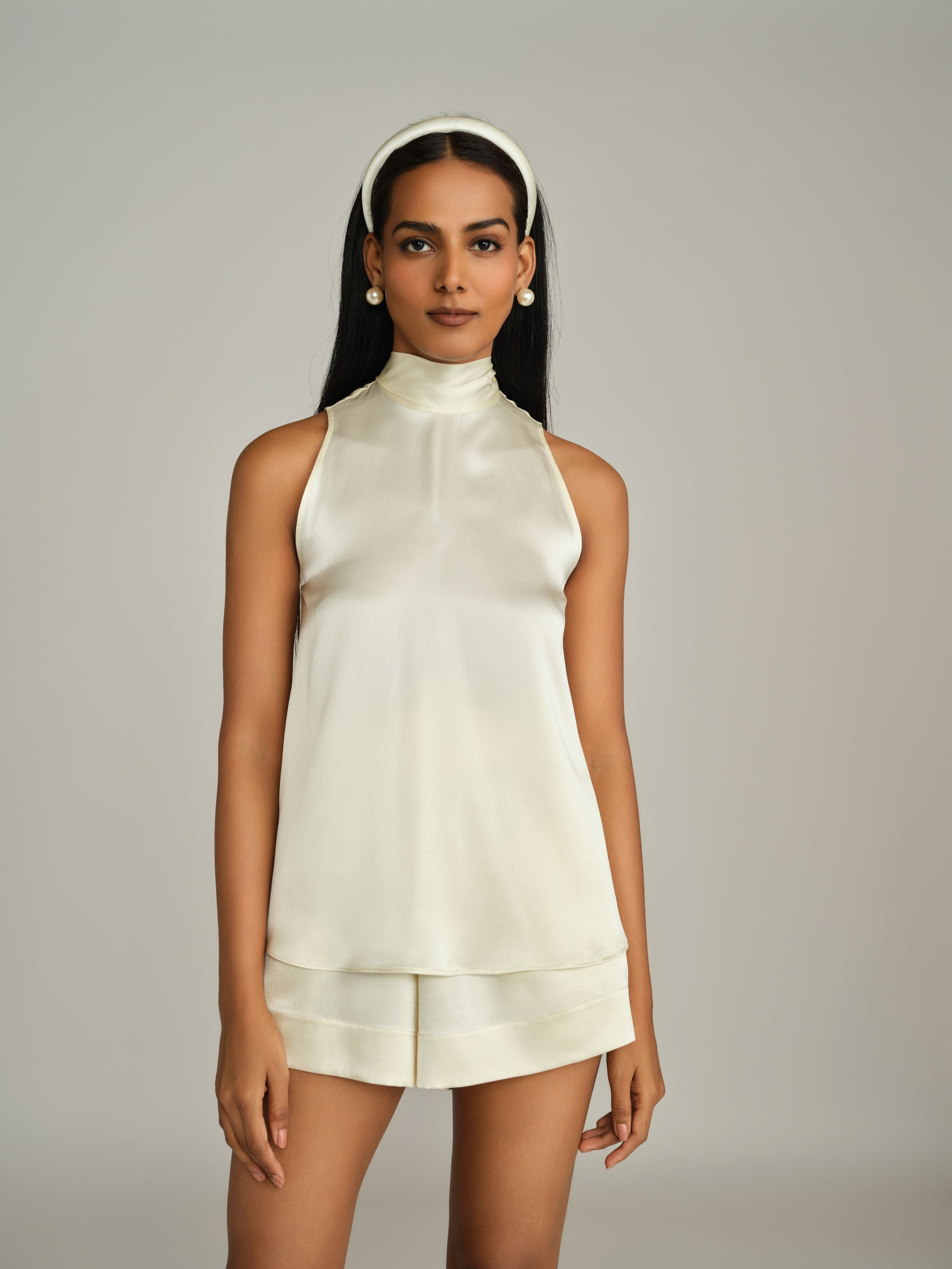 Cream Silk Tie-Neck Top