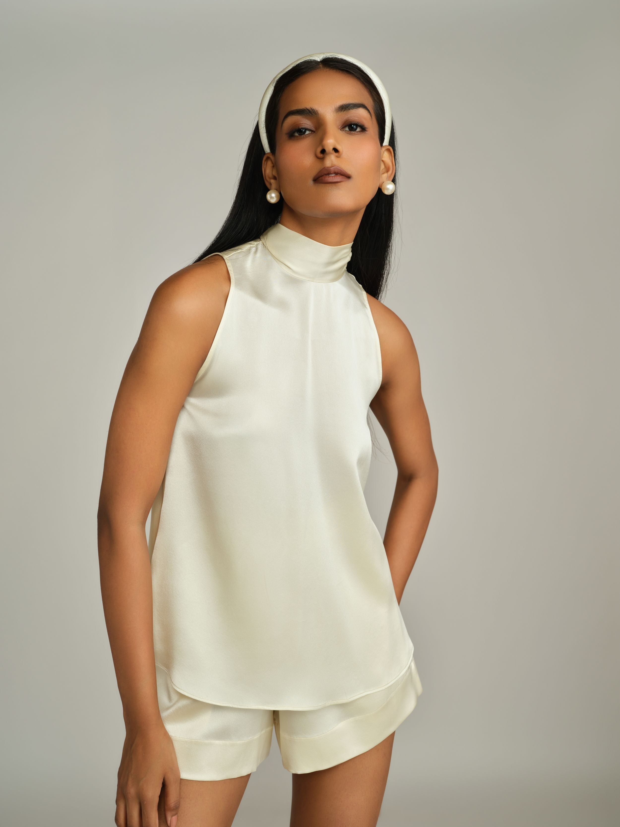 Cream Silk Tie-Neck Top