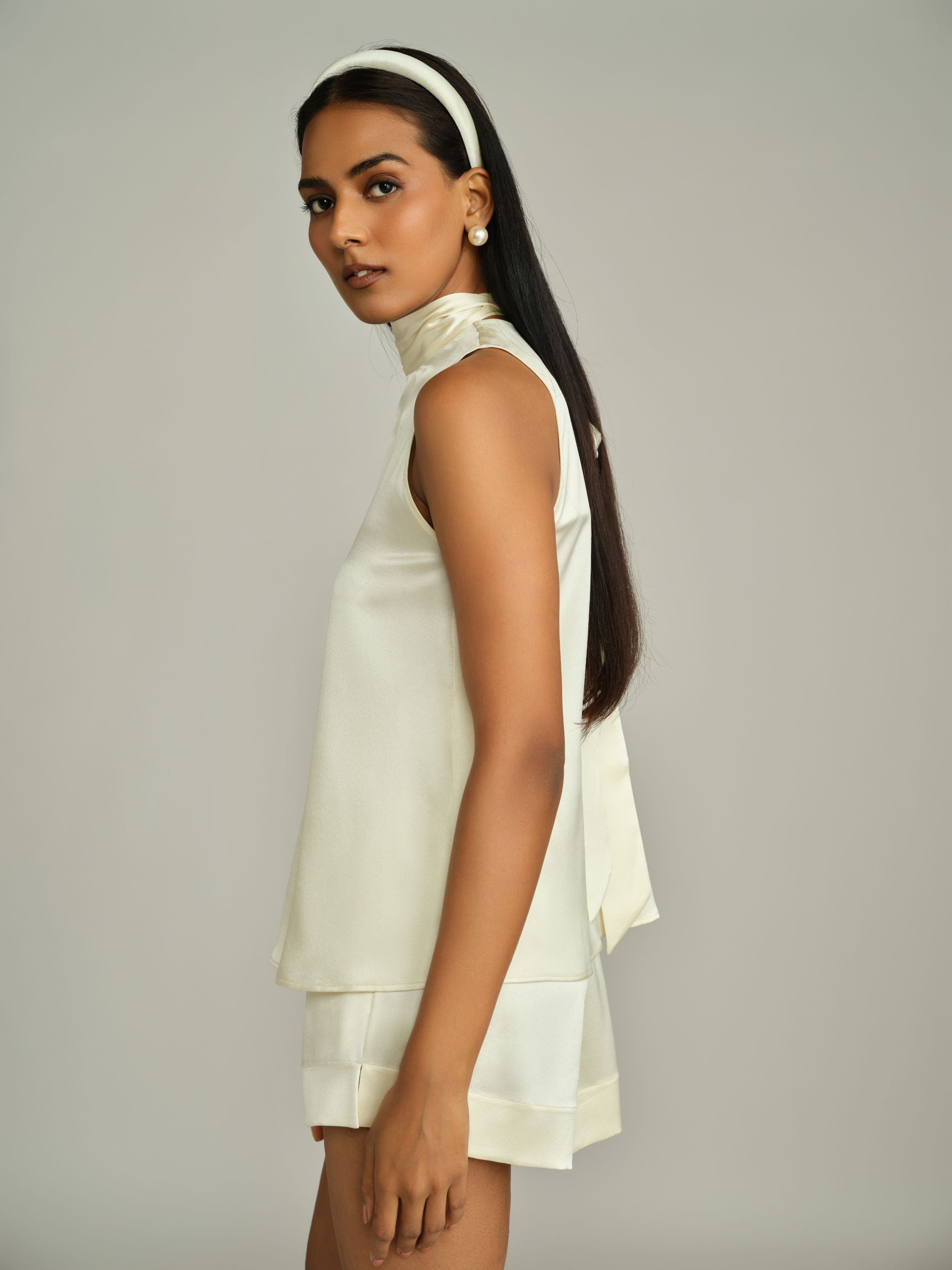Cream Silk Tie-Neck Top