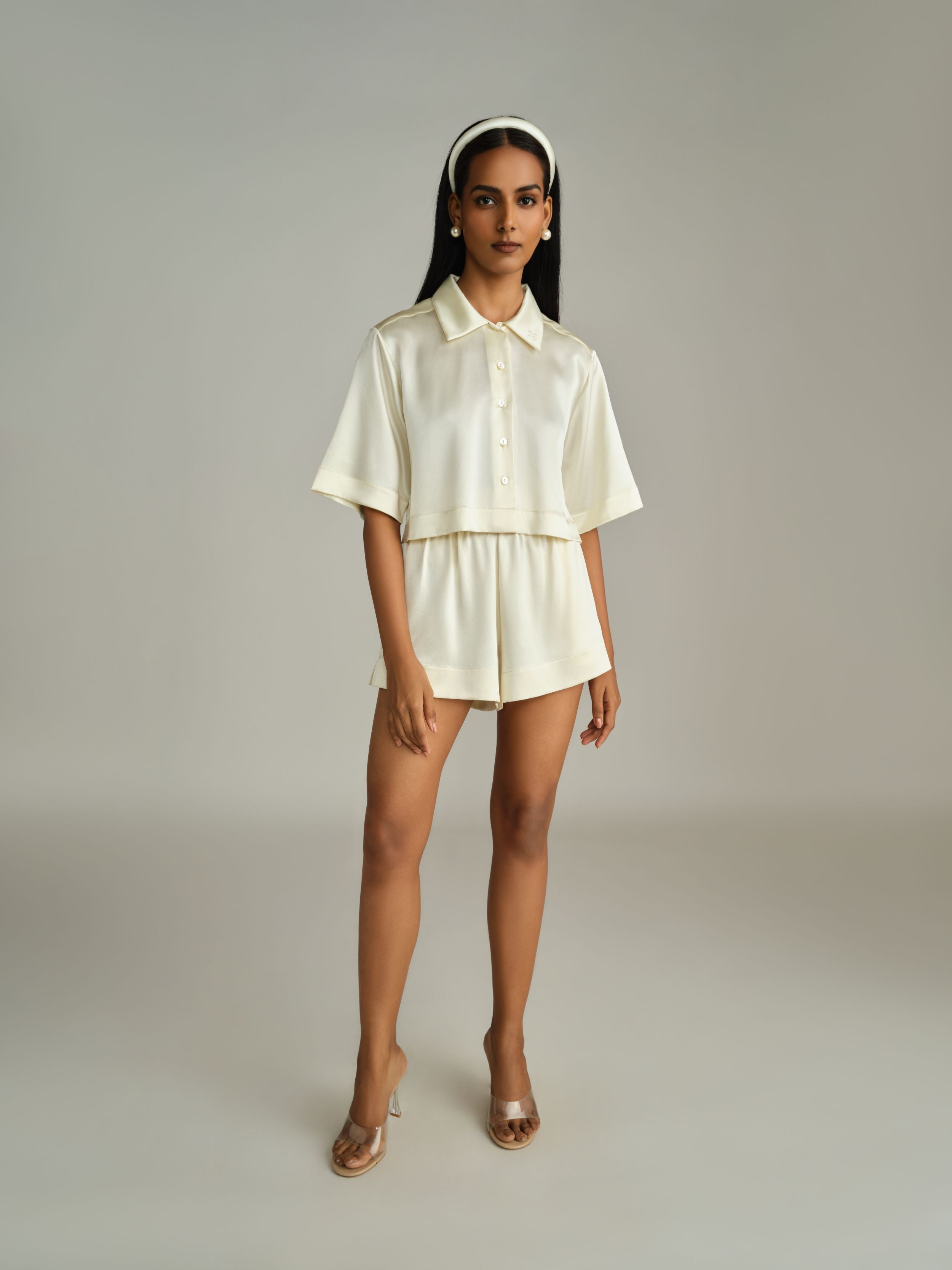Cream Silk Cropped Bowling Shirt