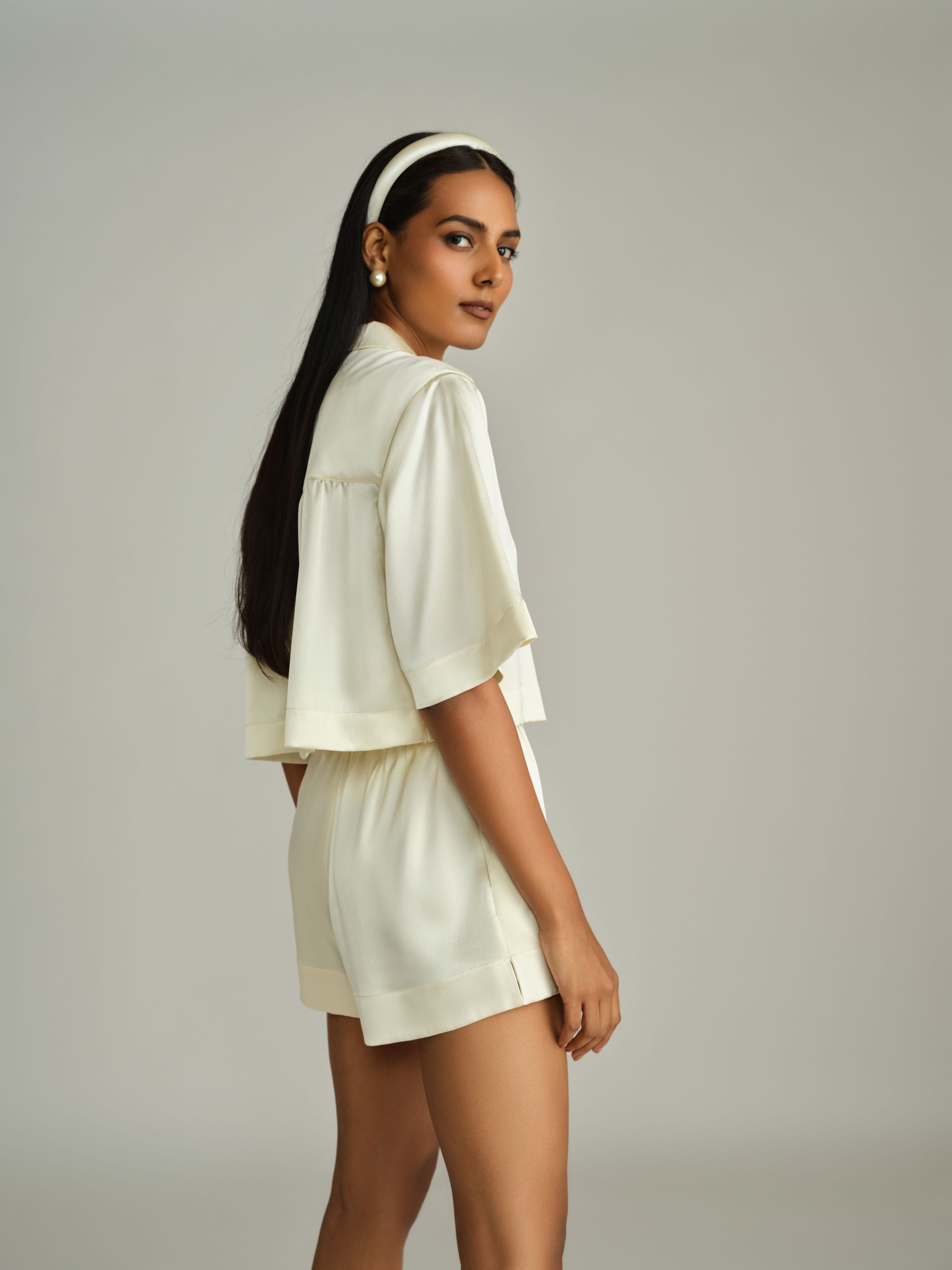 Cream Silk Cropped Bowling Shirt