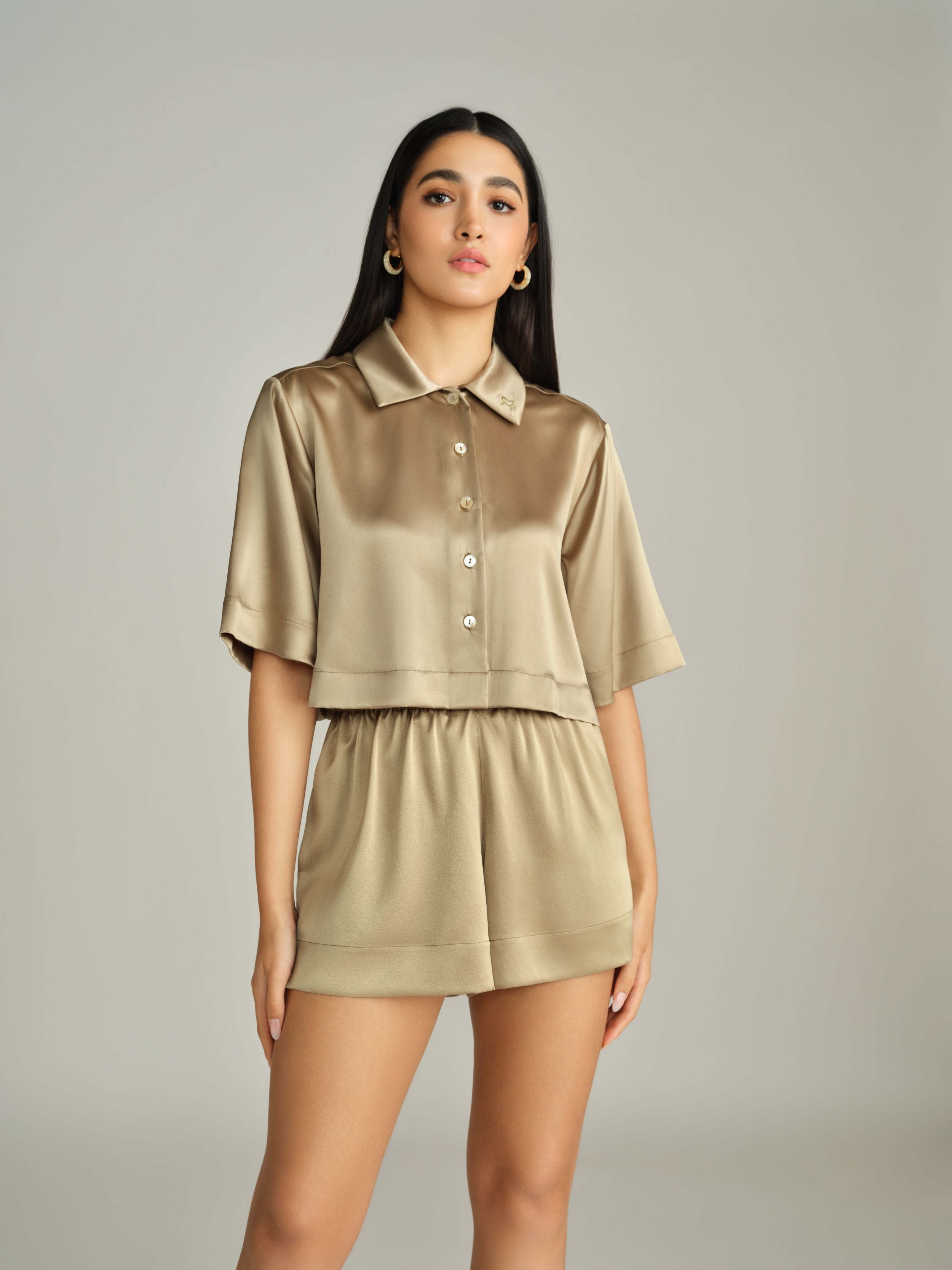 Olive Silk Cropped Bowling Shirt