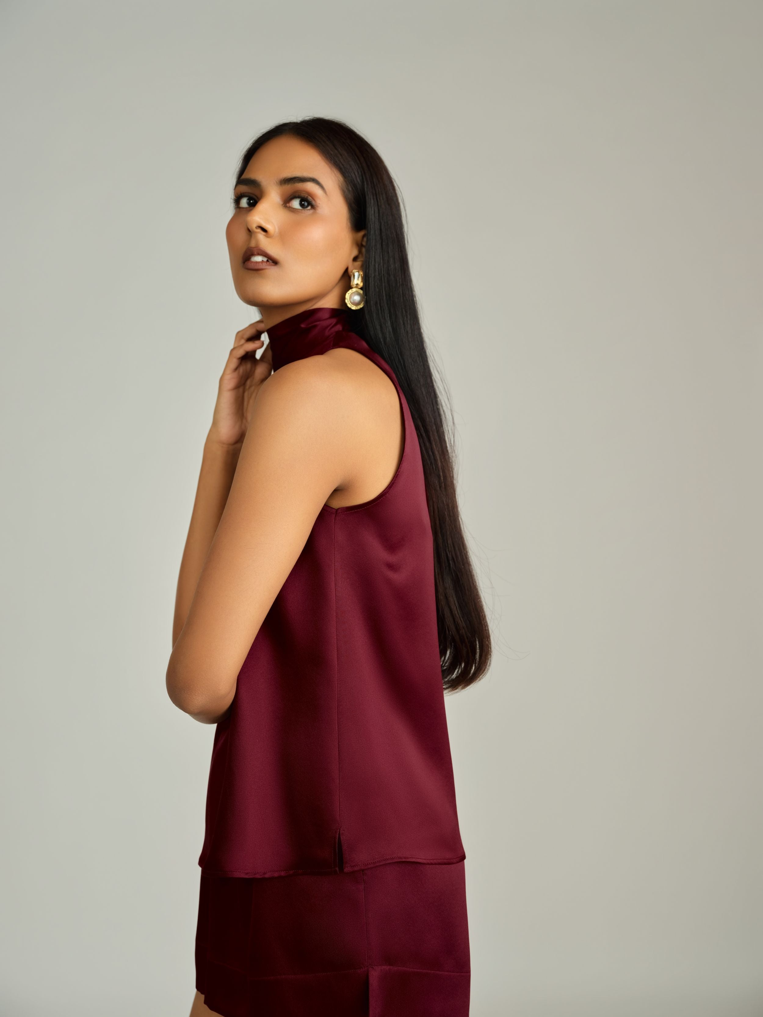 Burgundy Silk Tie-Neck Top