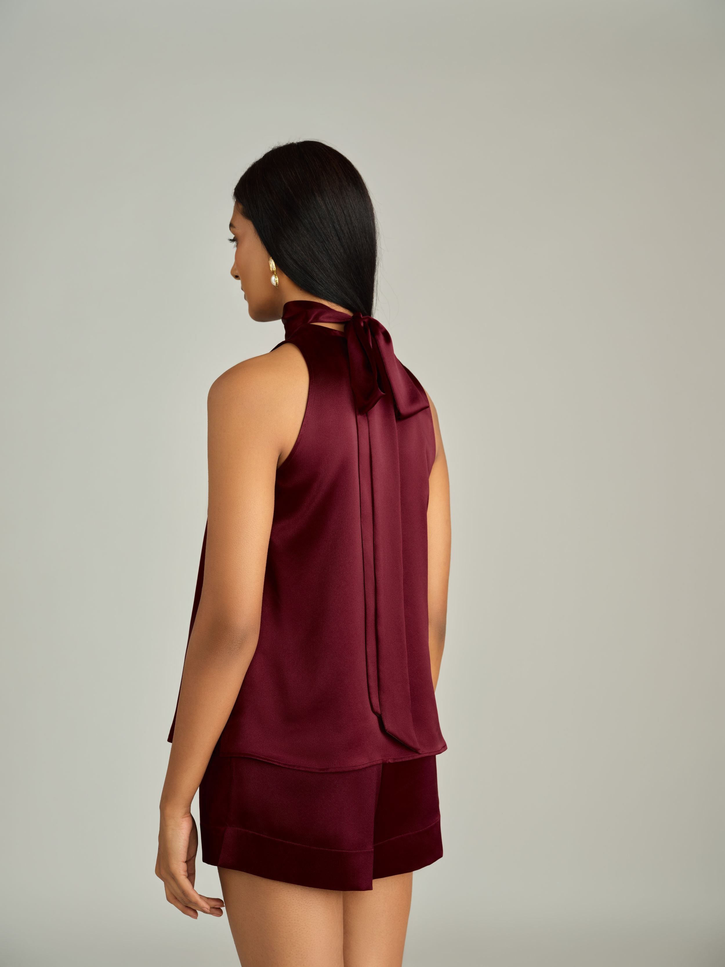 Burgundy Silk Tie-Neck Top