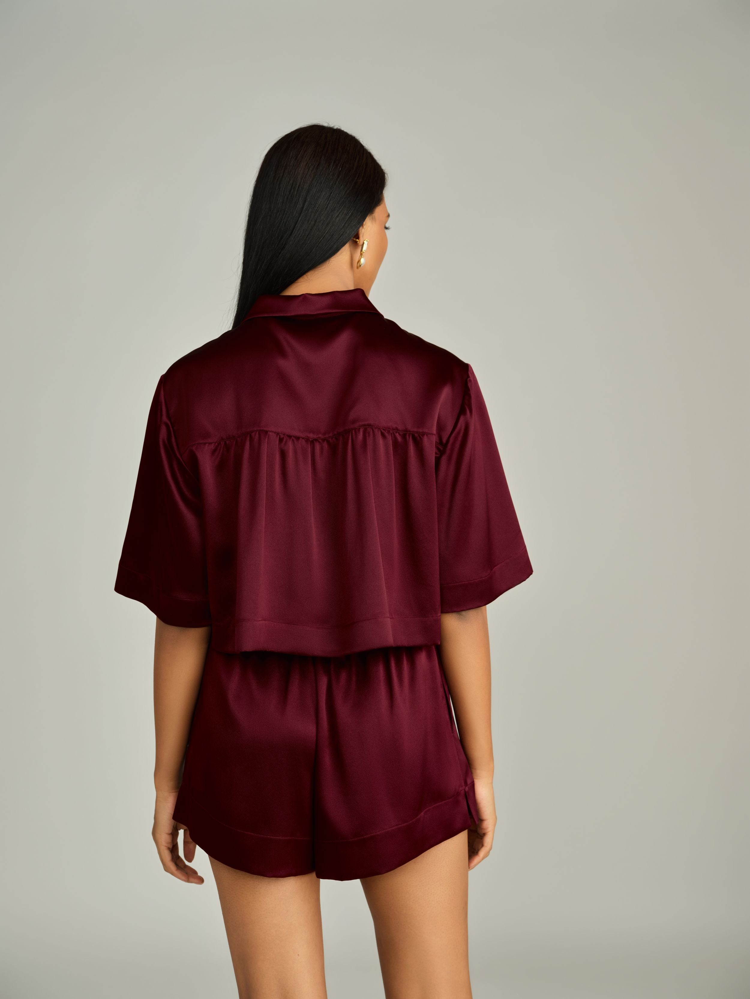 Burgundy Silk Cropped Bowling Shirt
