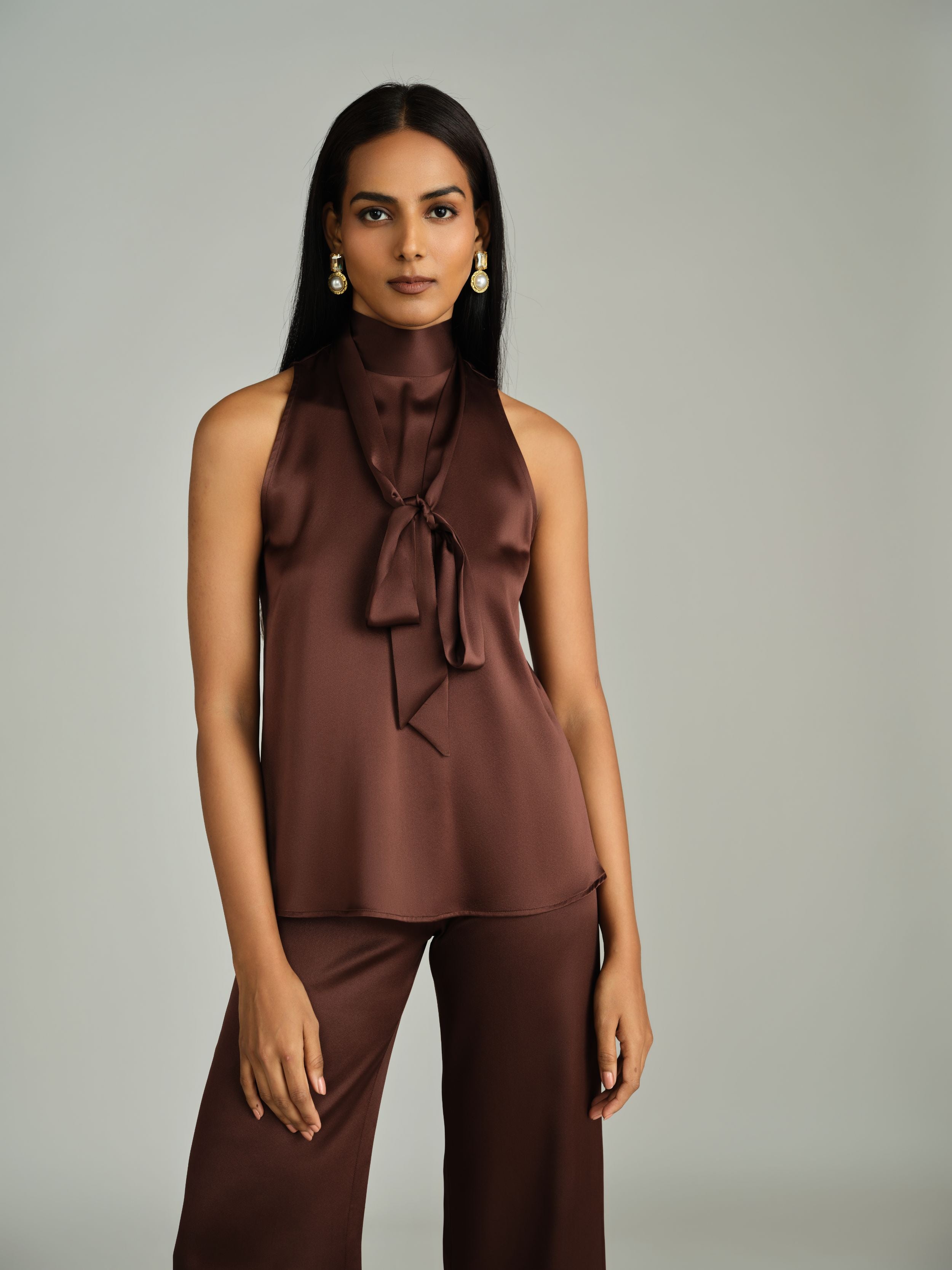 Espresso Silk Tie-Neck Top