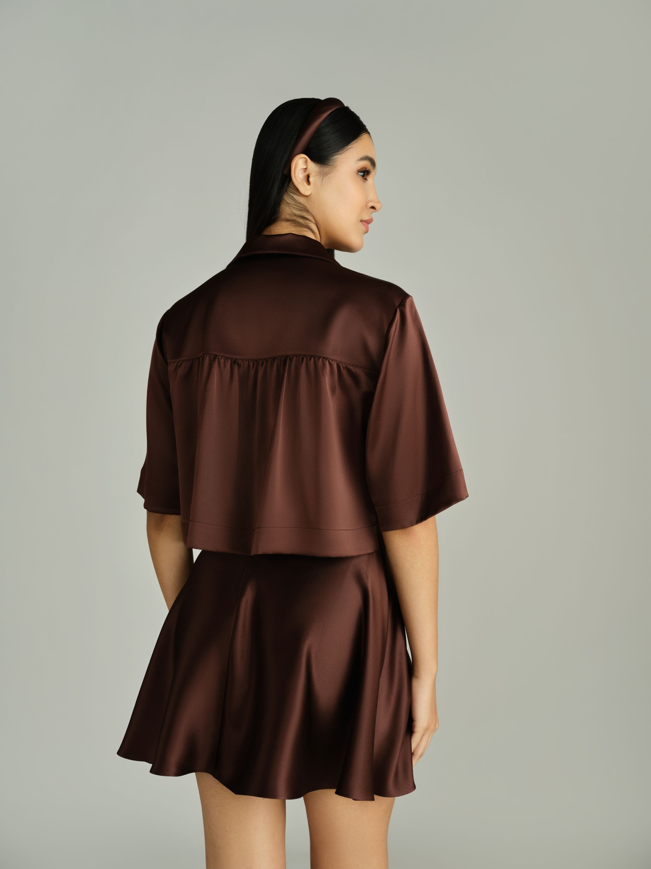 Espresso Silk Cropped Bowling Shirt