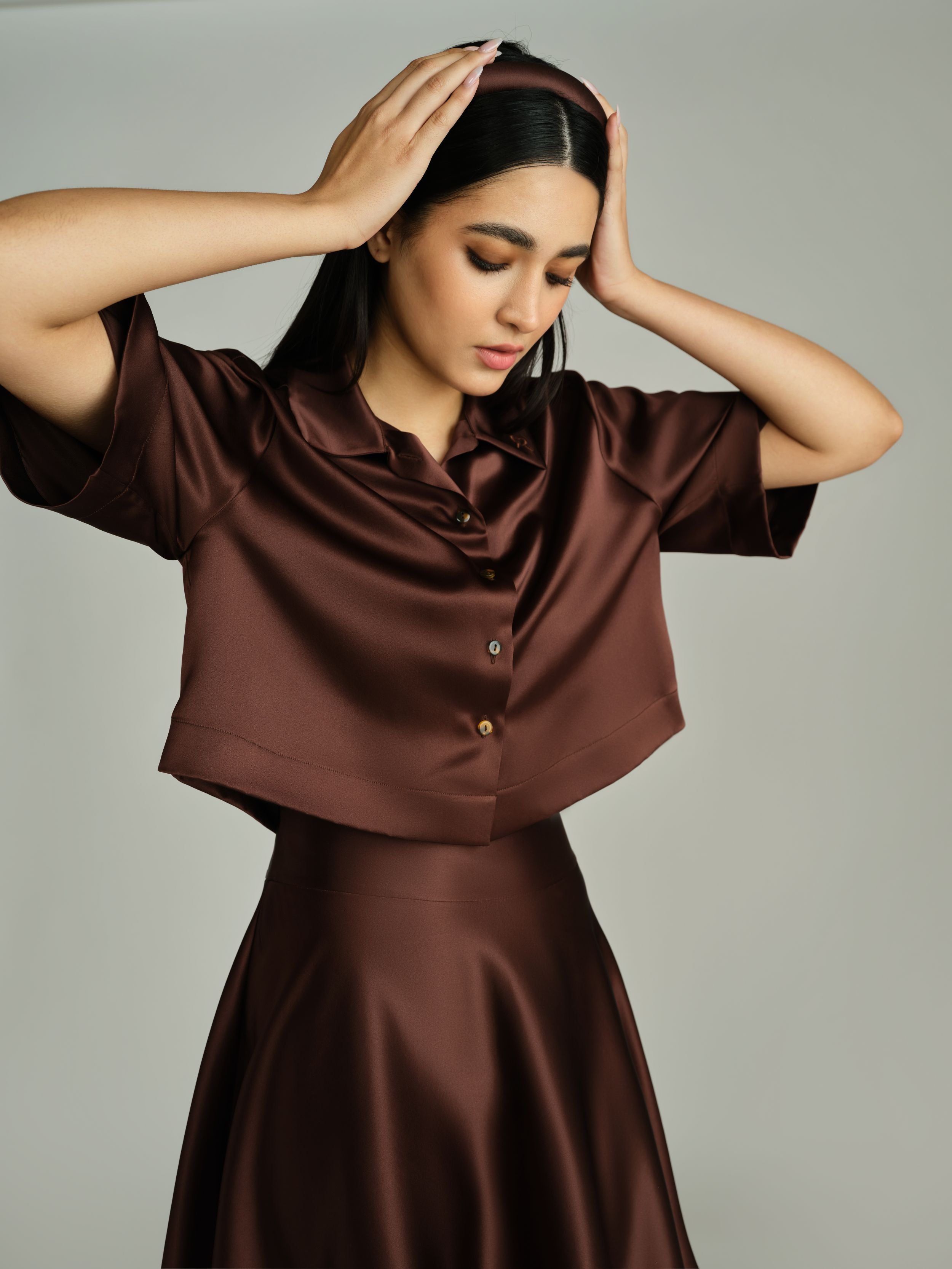 Espresso Silk Cropped Bowling Shirt