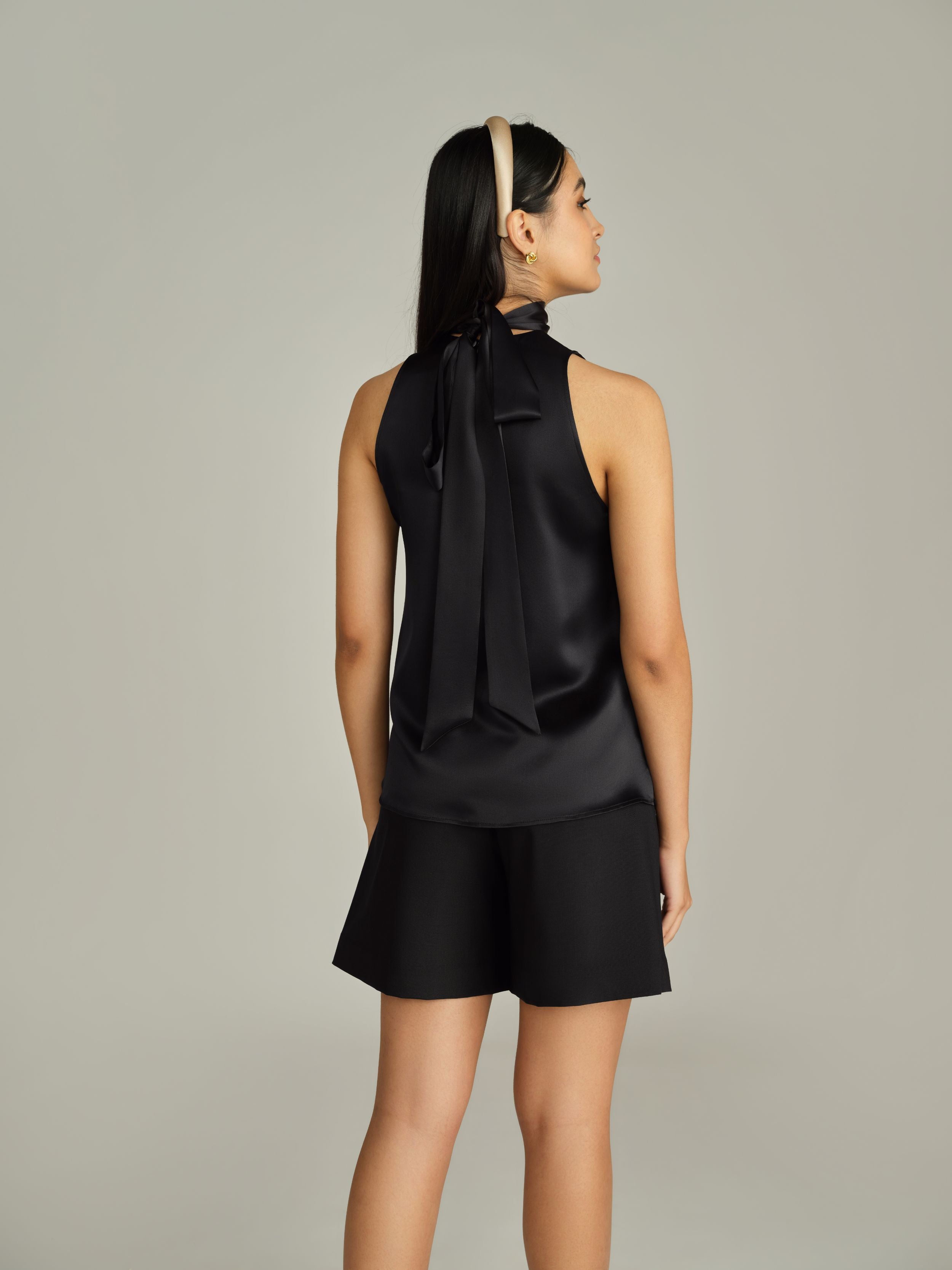 Black Silk Tie-Neck Top