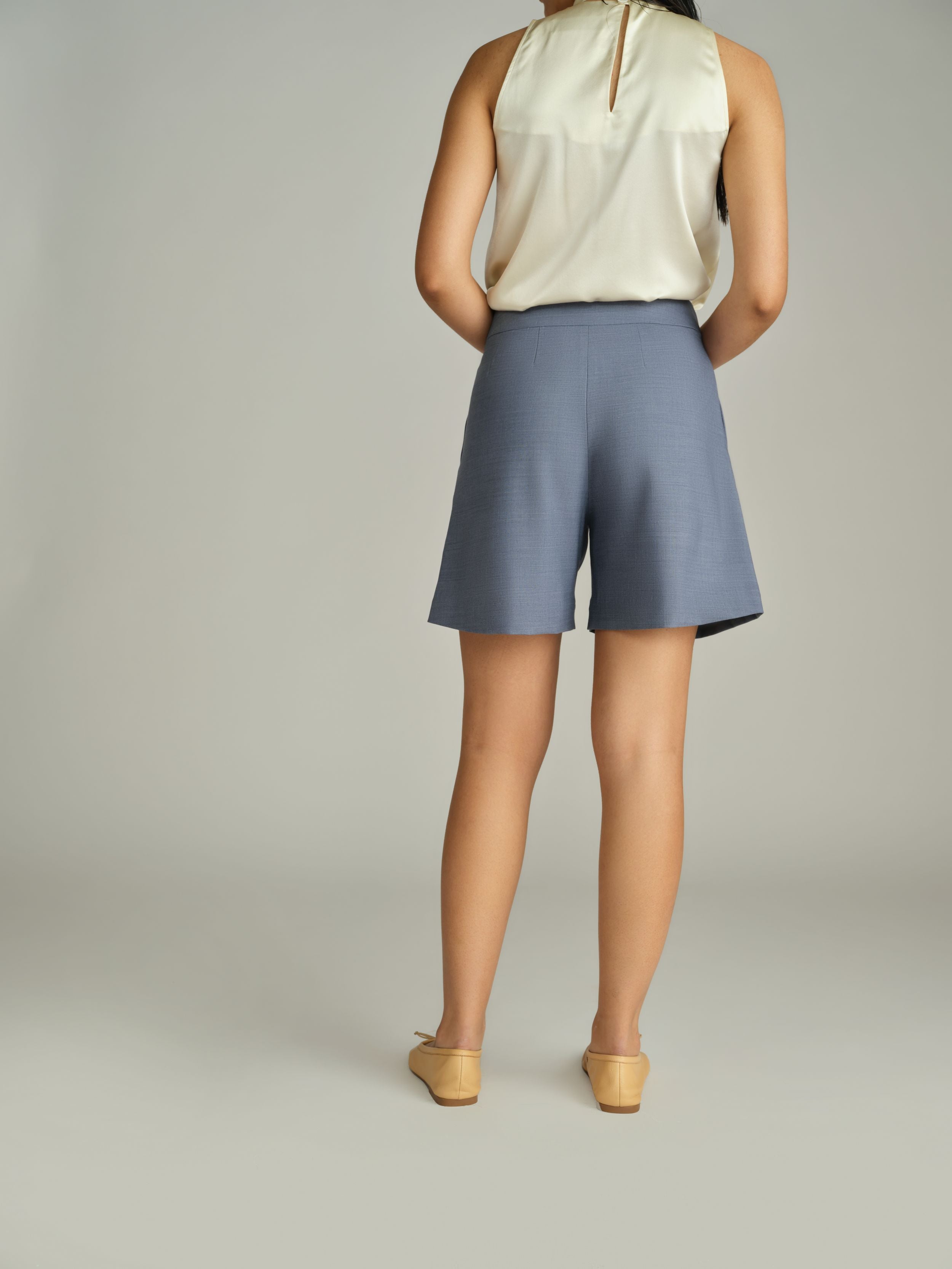 Blue Suiting Pleated Shorts