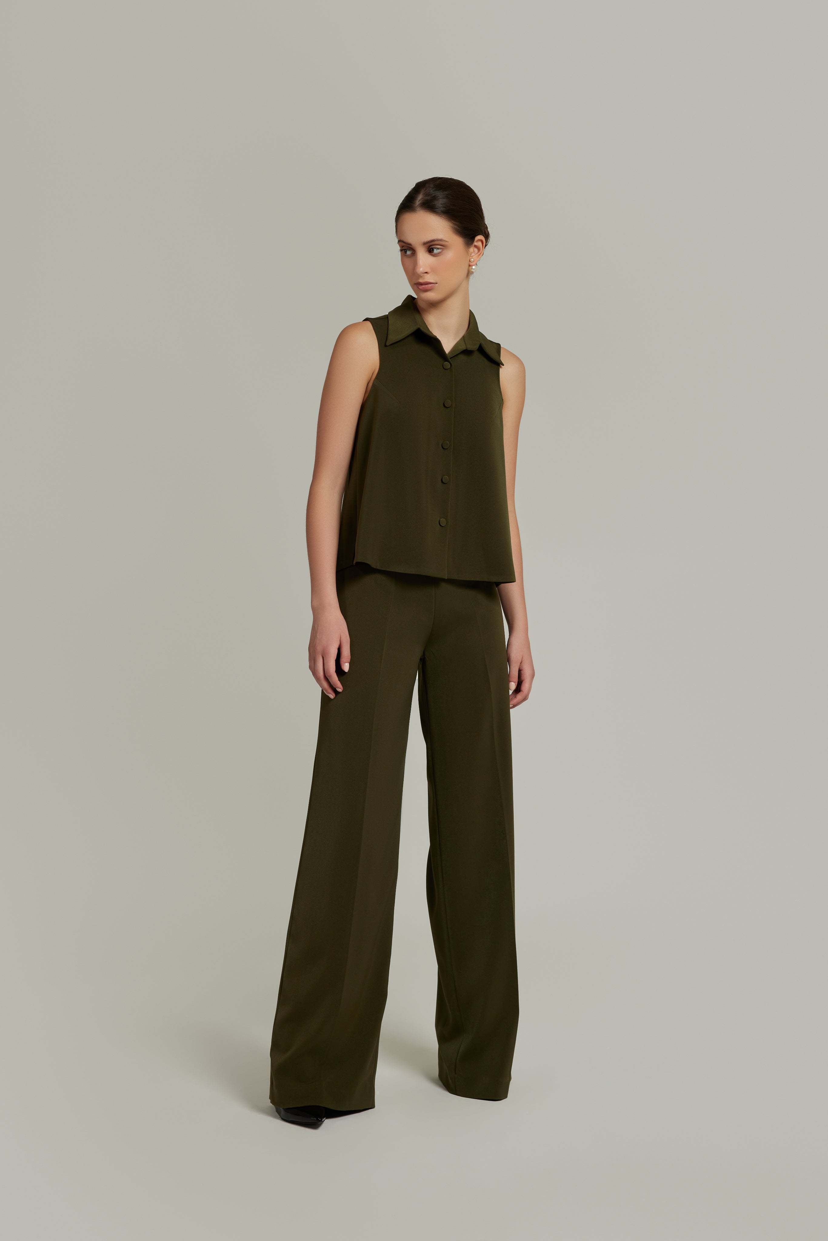 Military Green Stretch Suiting Sleeveless Top