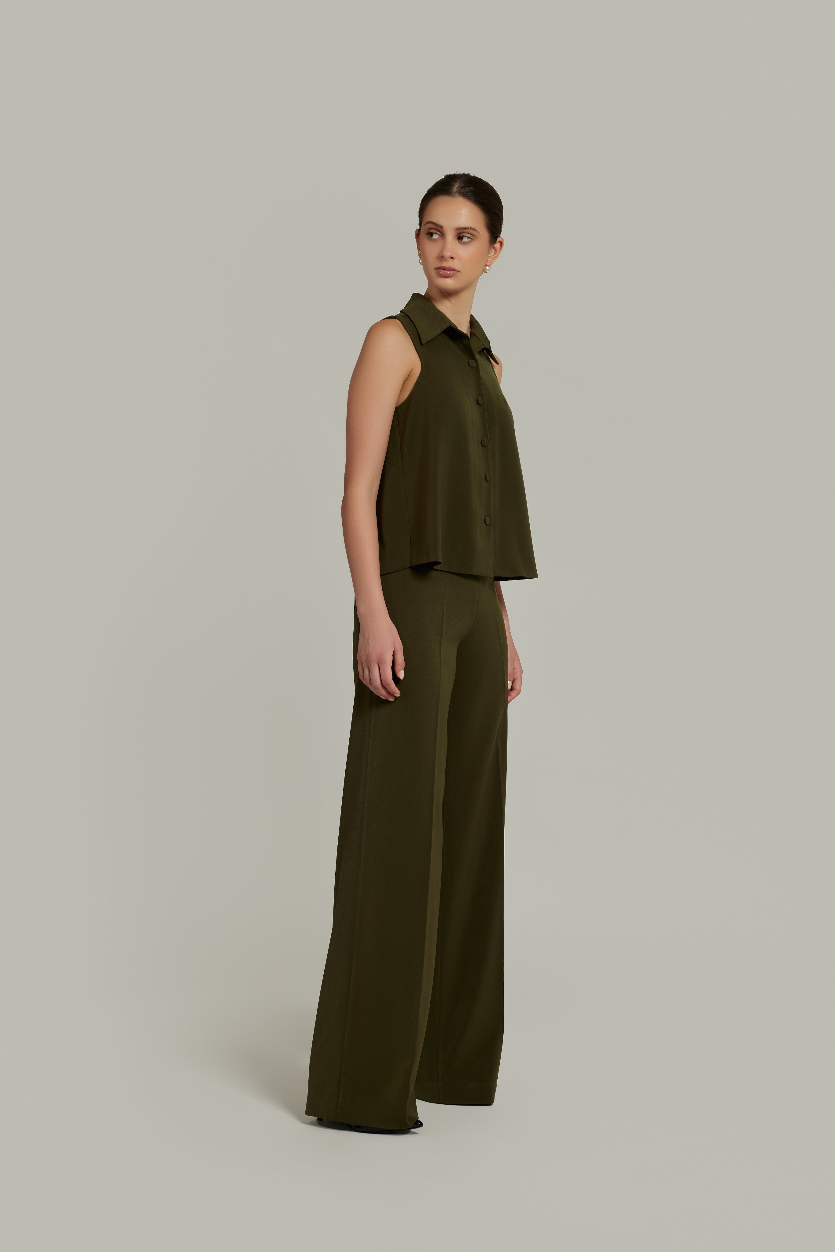 Military Green Stretch Suiting Sleeveless Top