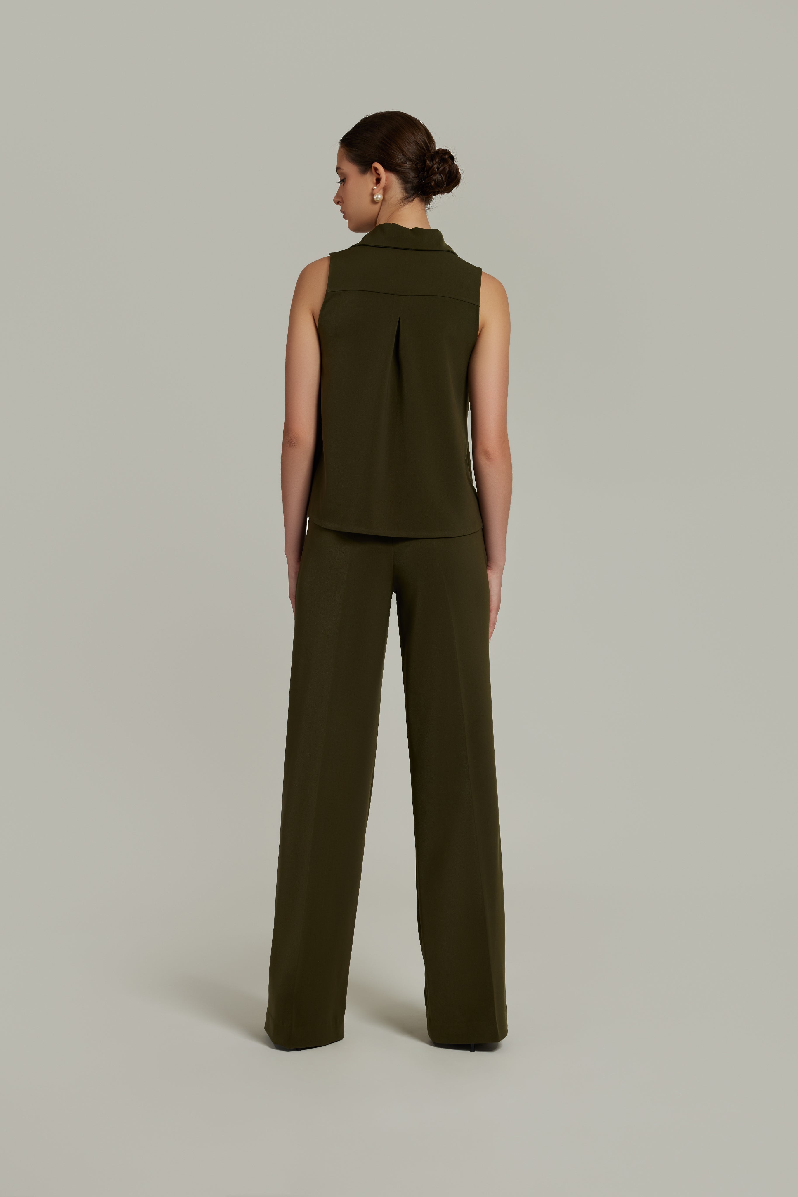 Military Green Stretch Suiting Sleeveless Top