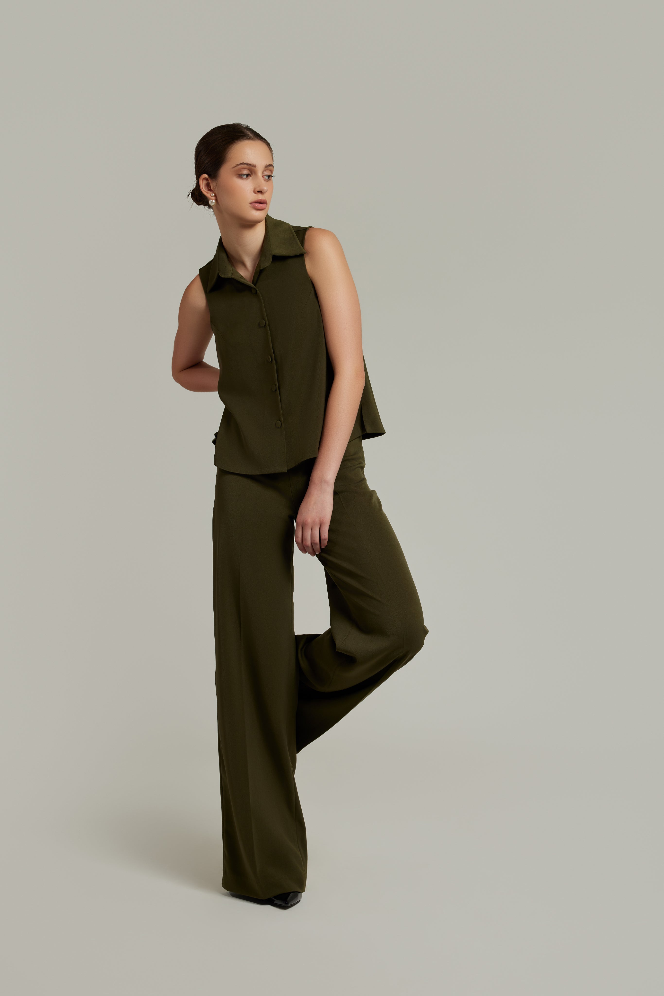 Military Green Stretch Suiting Sleeveless Top