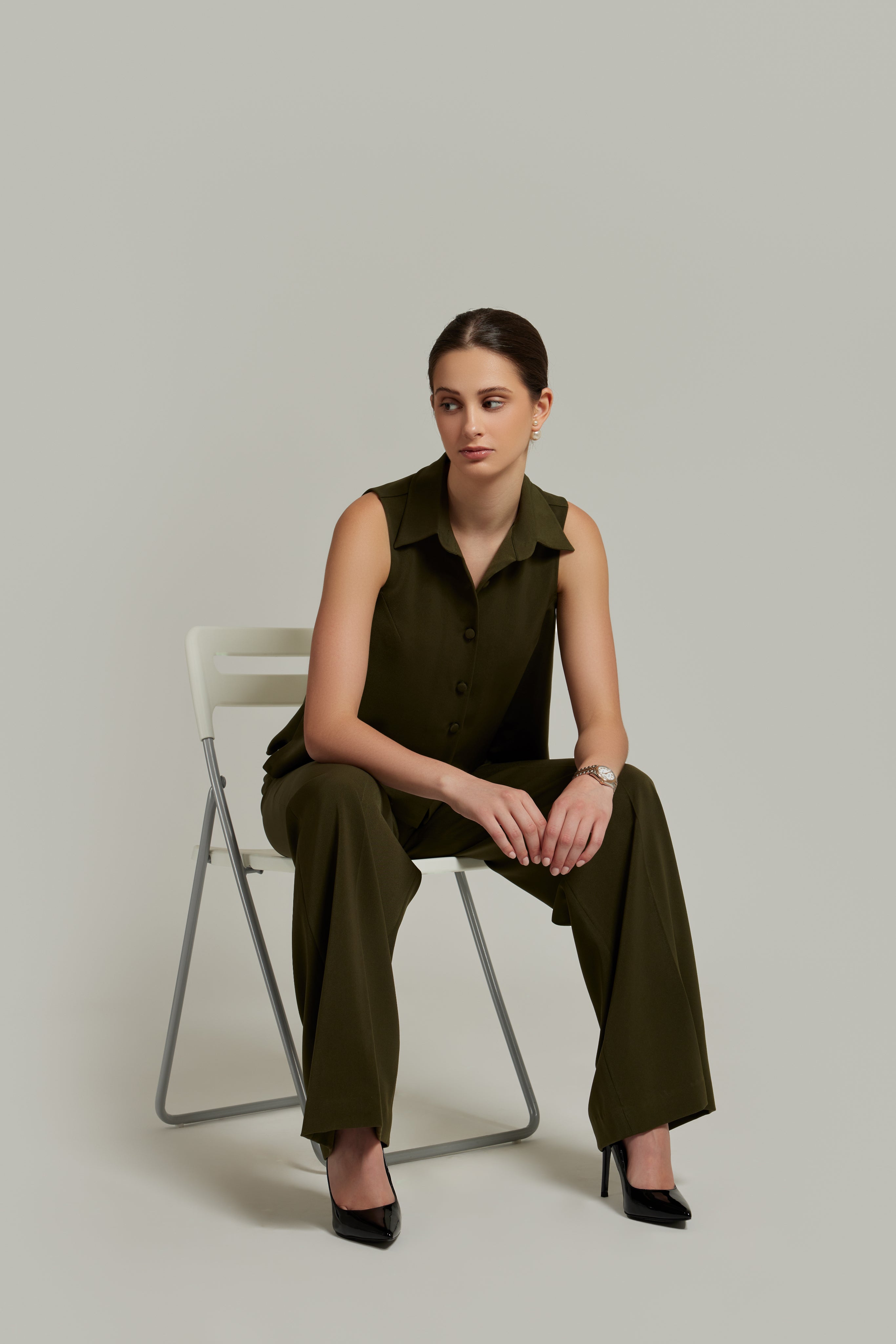 Military Green Stretch Suiting Sleeveless Top