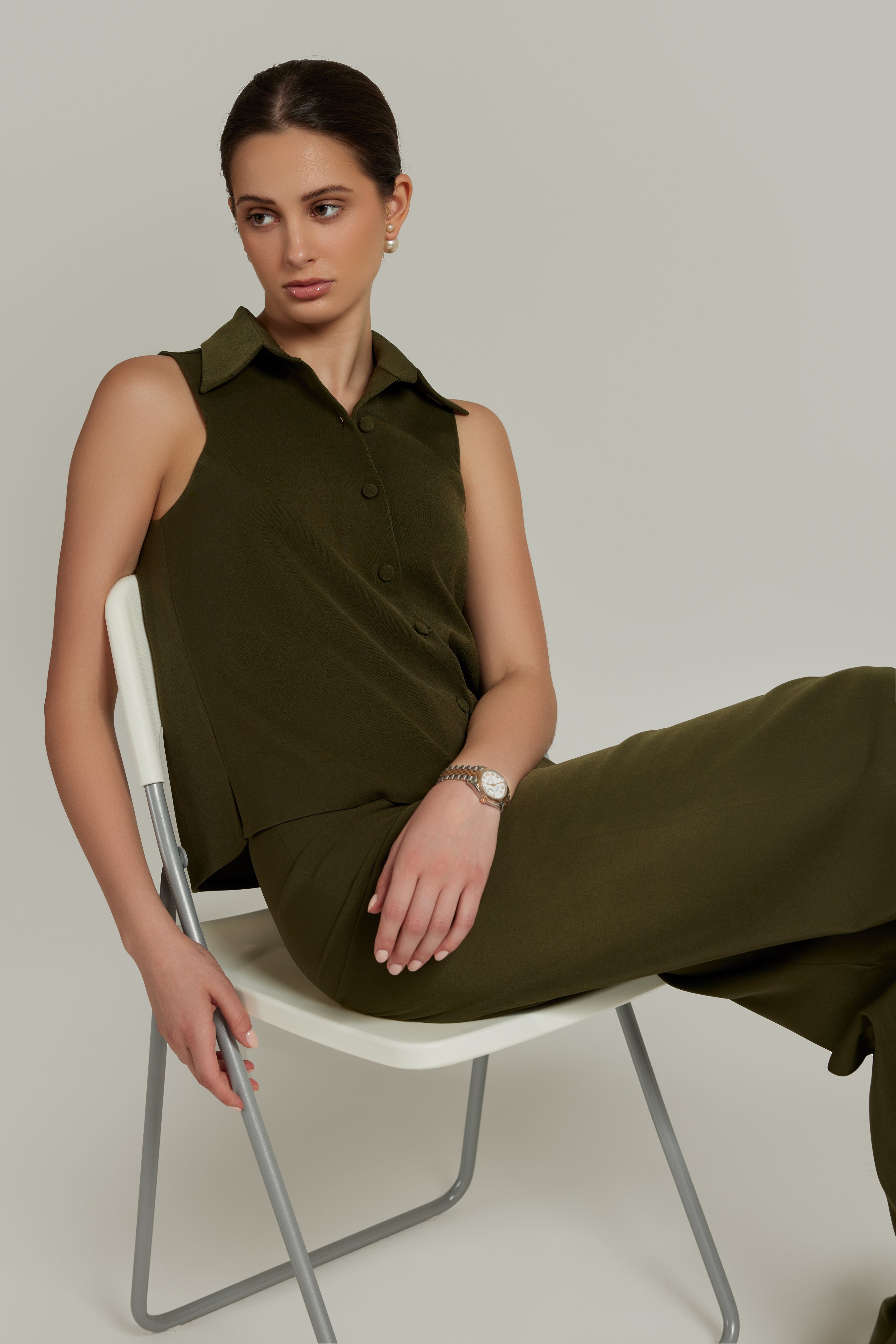 Military Green Stretch Suiting Sleeveless Top
