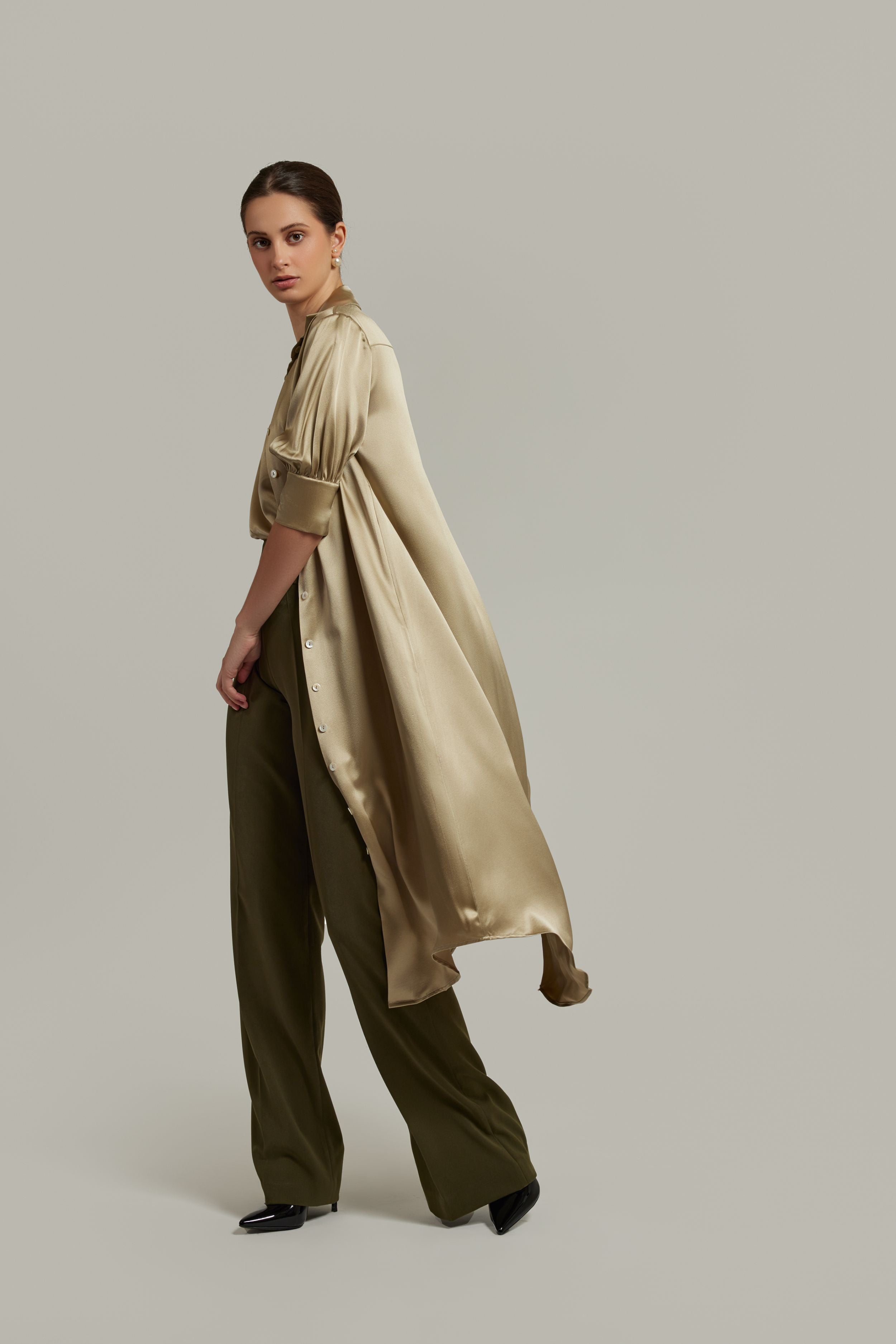 Military Green Stretch Suiting 
 Wide-Leg Trousers