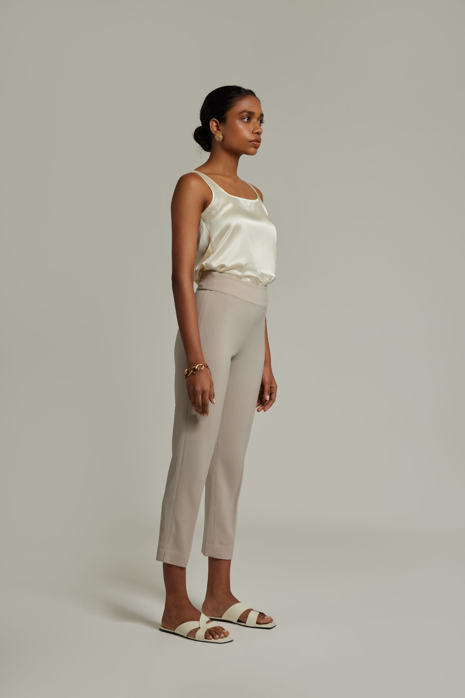 Beige Stretch Suiting 
 Cigarette Trousers