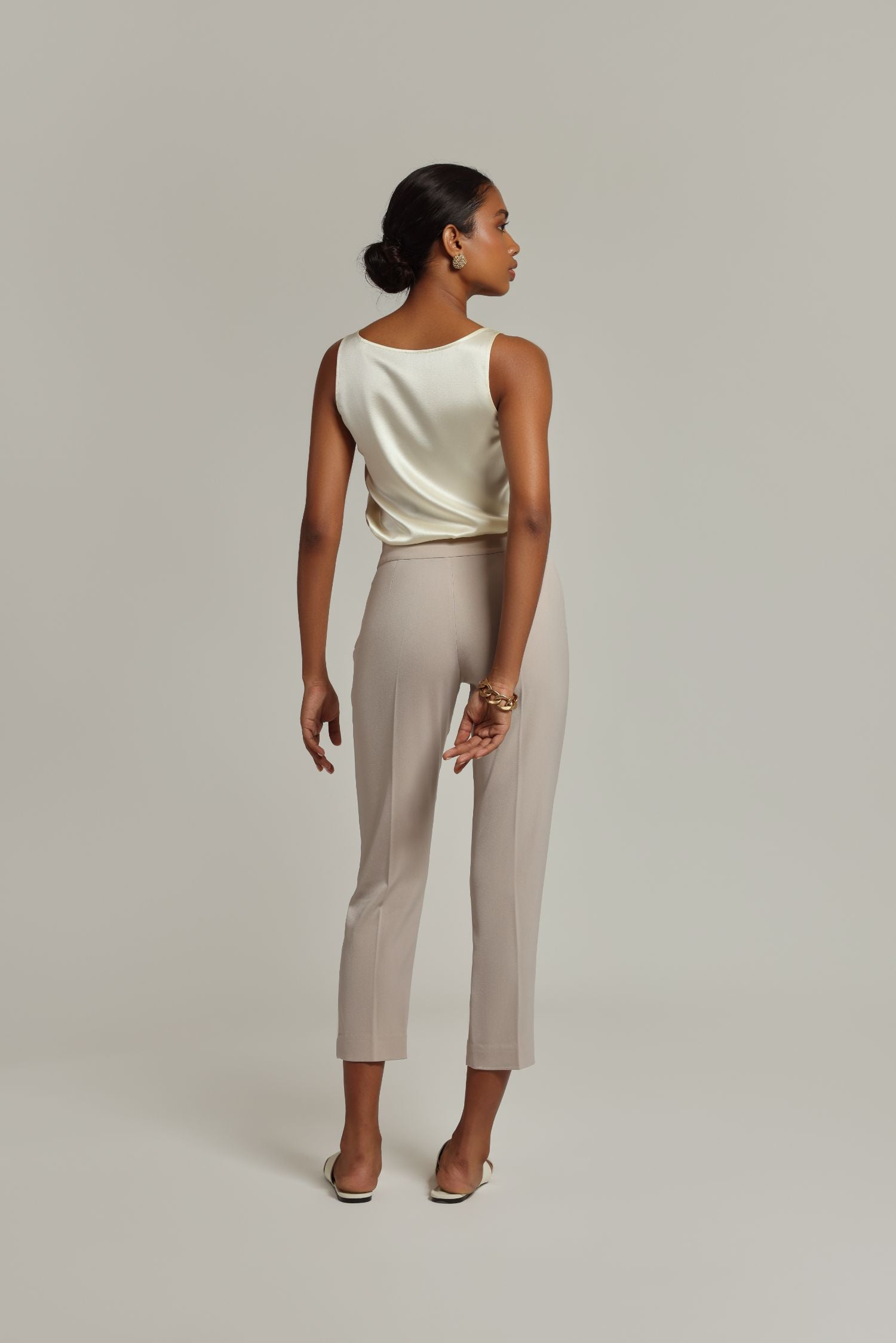 Beige Stretch Suiting 
 Cigarette Trousers