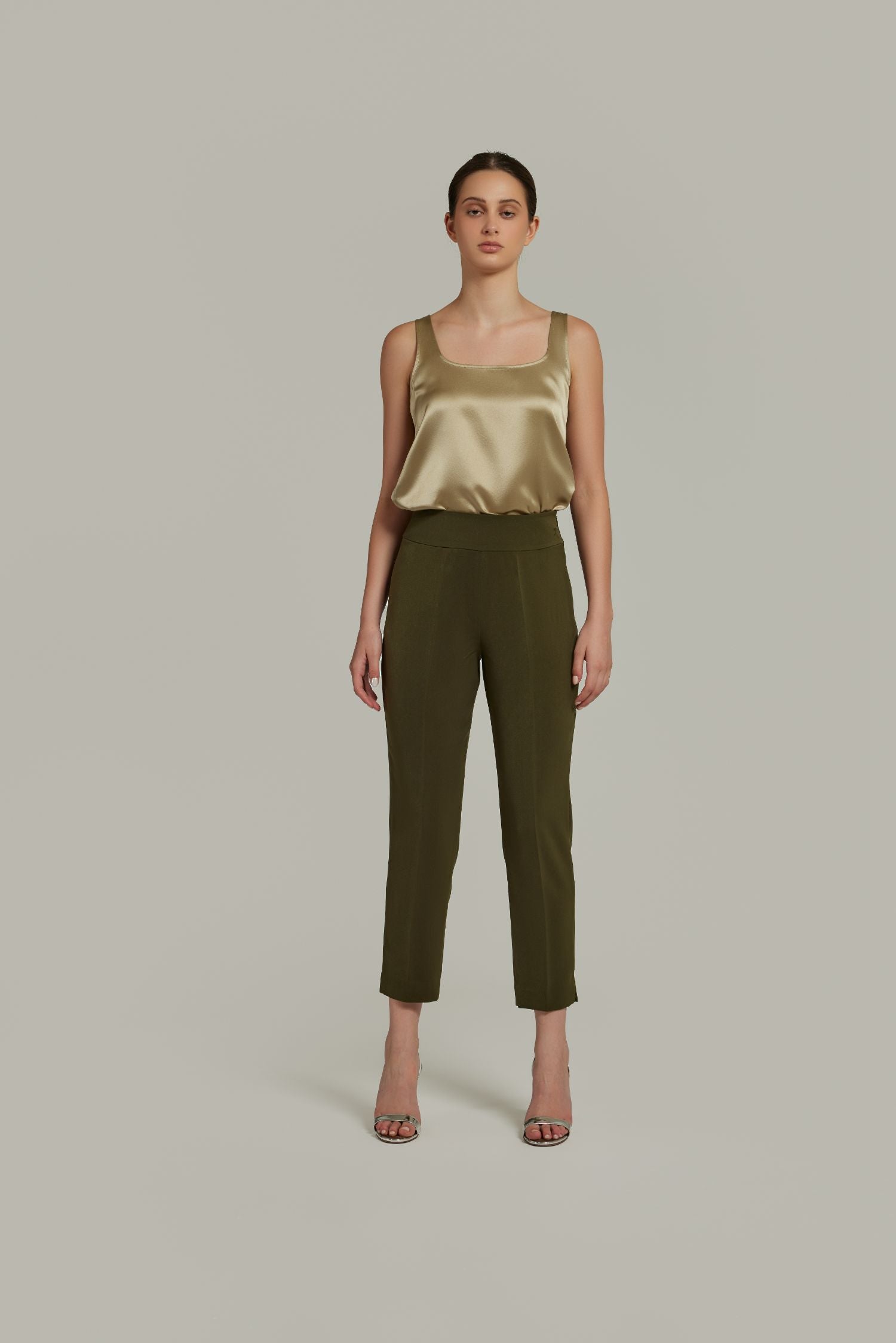 Military Green Stretch Suiting
 Cigarette Trousers