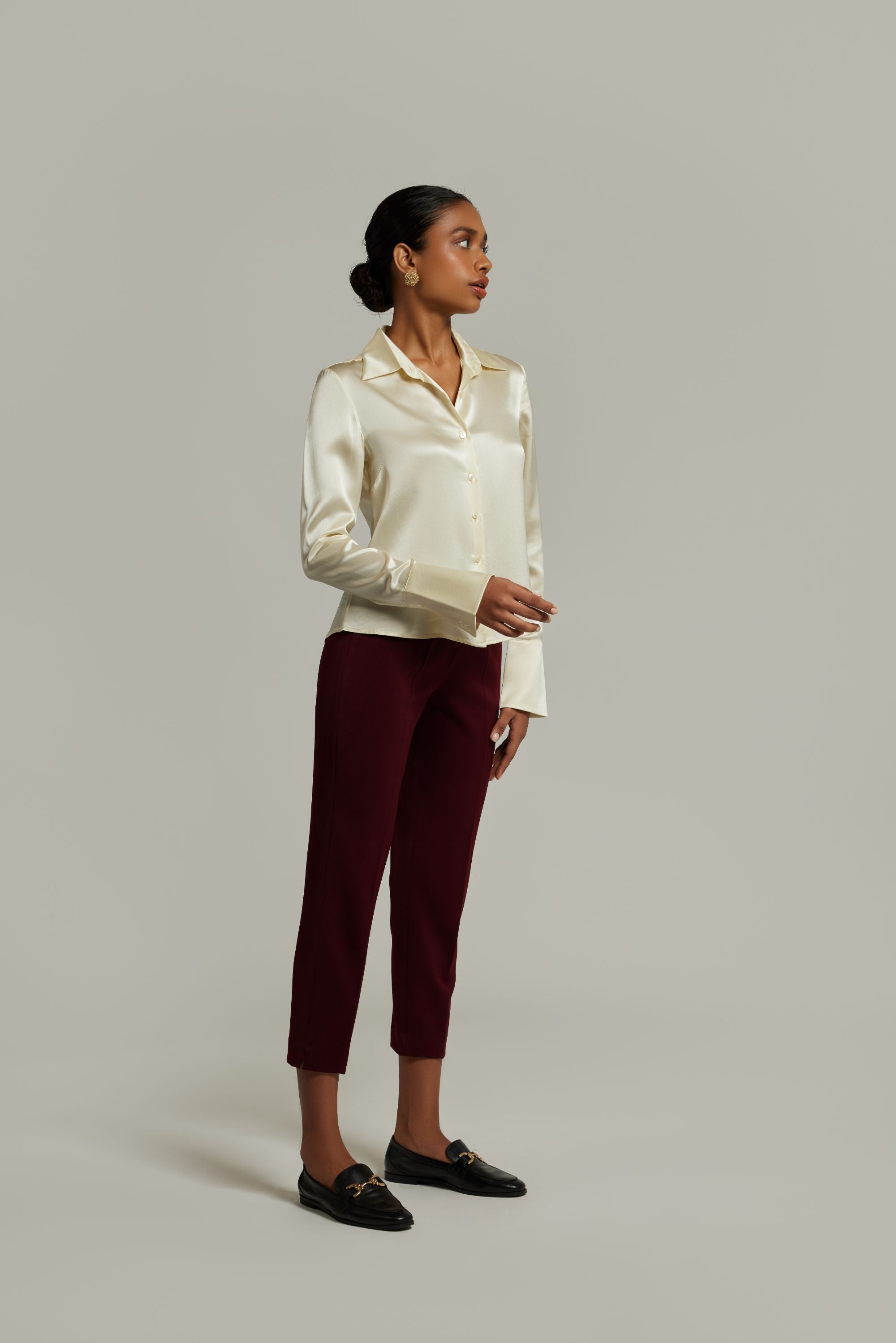 Cream Silk Long-Sleeved Shirt