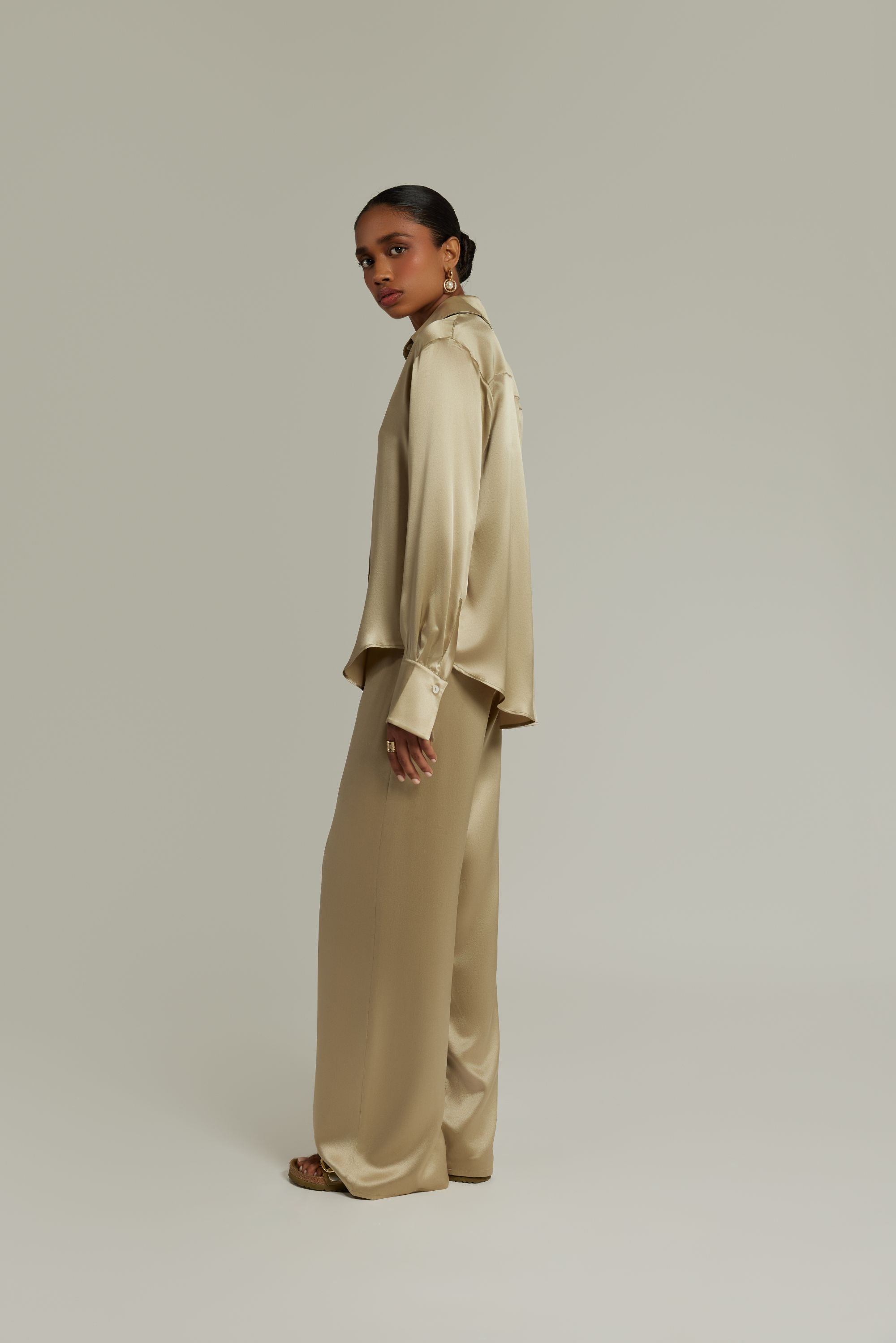 Olive Silk Oversized Shirt