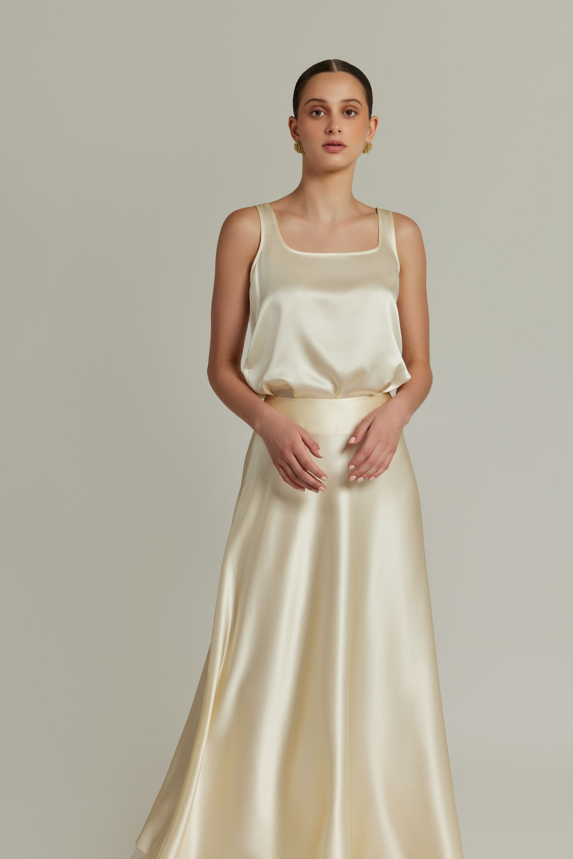Cream Silk Long Skirt