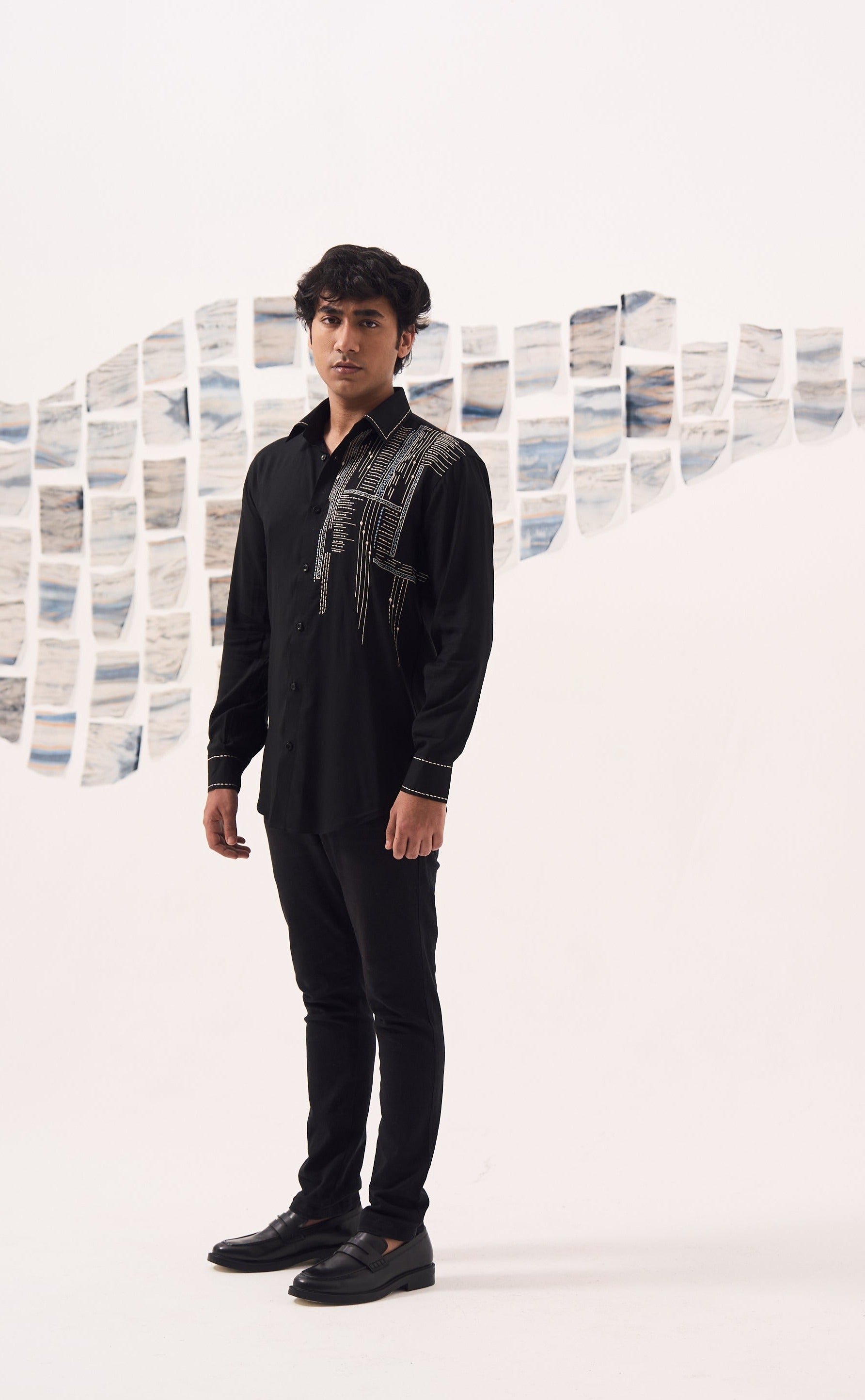 Black Rayon Blue Line Embroidered Shirt