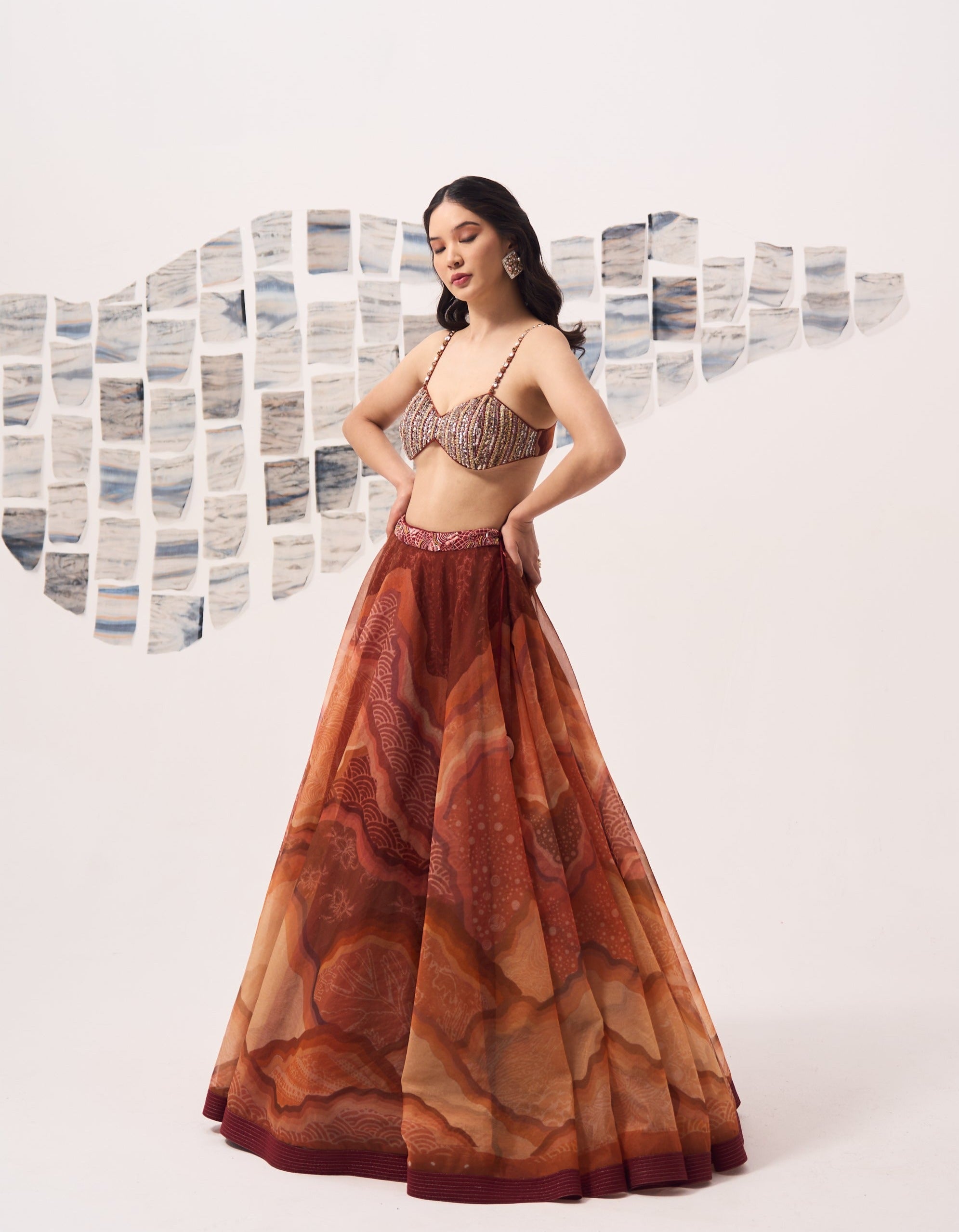 Rust Wave Lehnga with Hand Embroidered Blouse