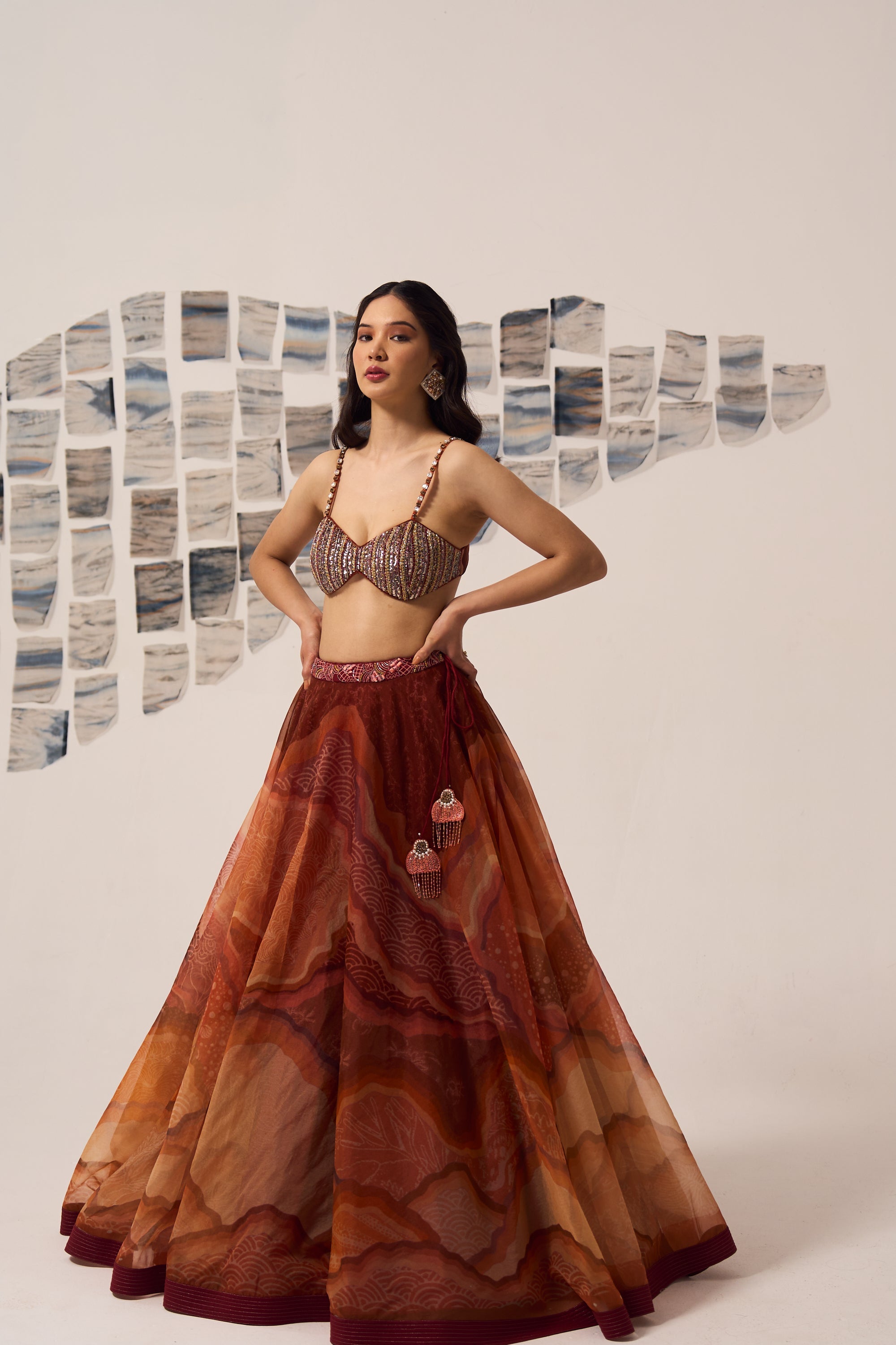 Rust Wave Lehnga with Hand Embroidered Blouse