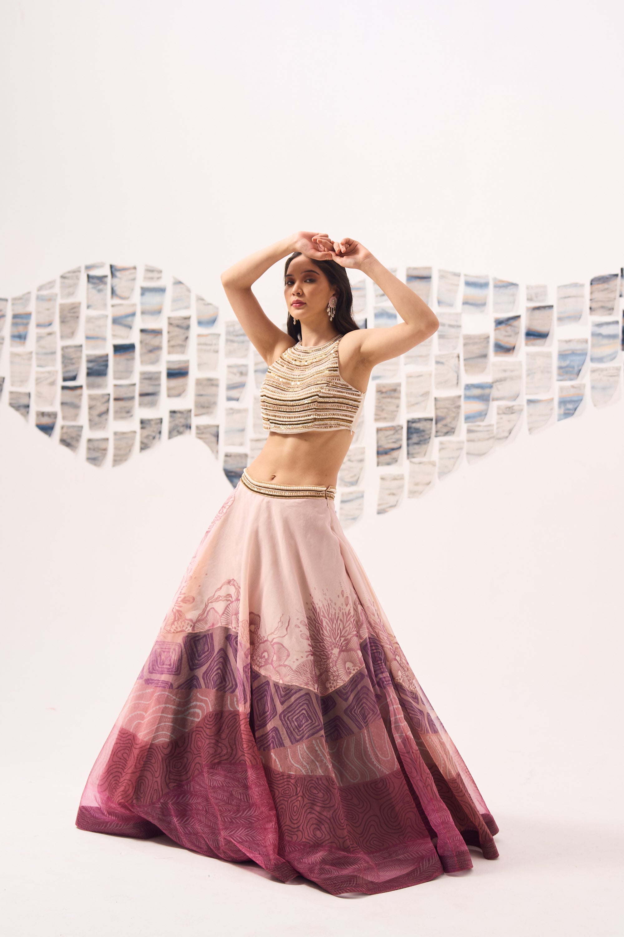 Ivory Placement Lehenga with Pearl Hand Embroidered Blouse
