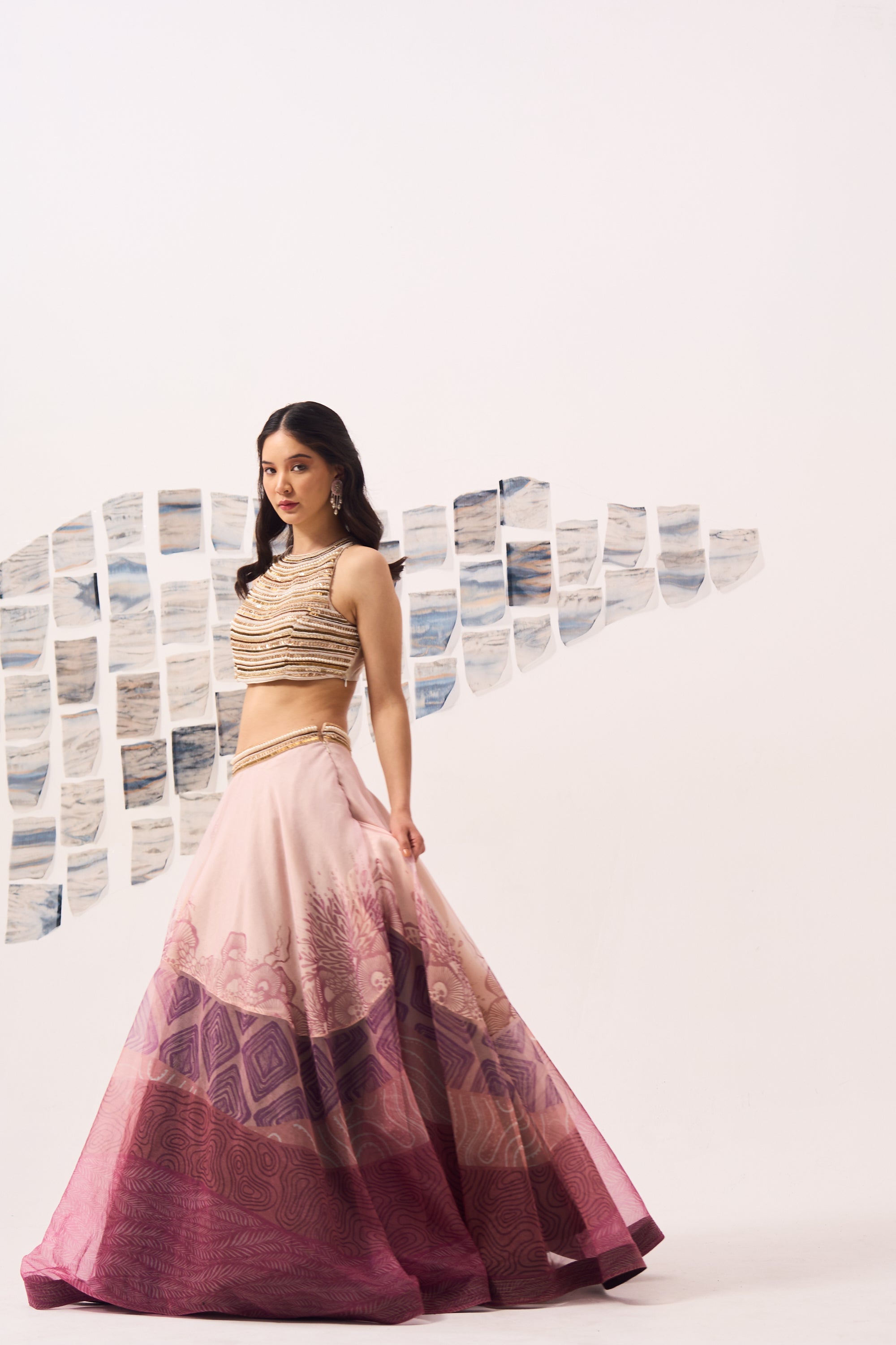 Ivory Placement Lehenga with Pearl Hand Embroidered Blouse