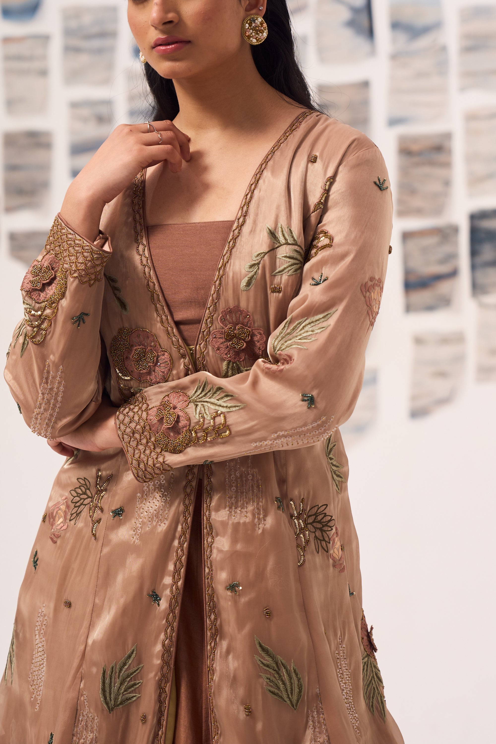 3D Coral Embroidered Jacket with Lehenga