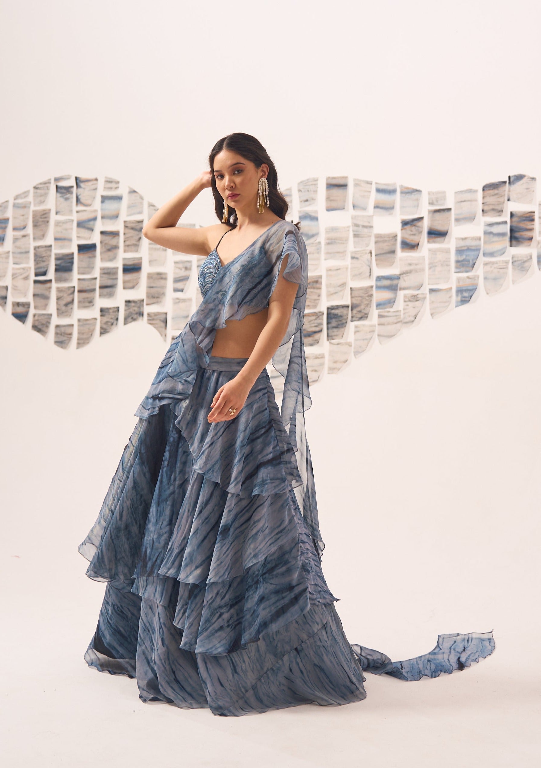 Blue Textured Ruffle Saree Lehenga