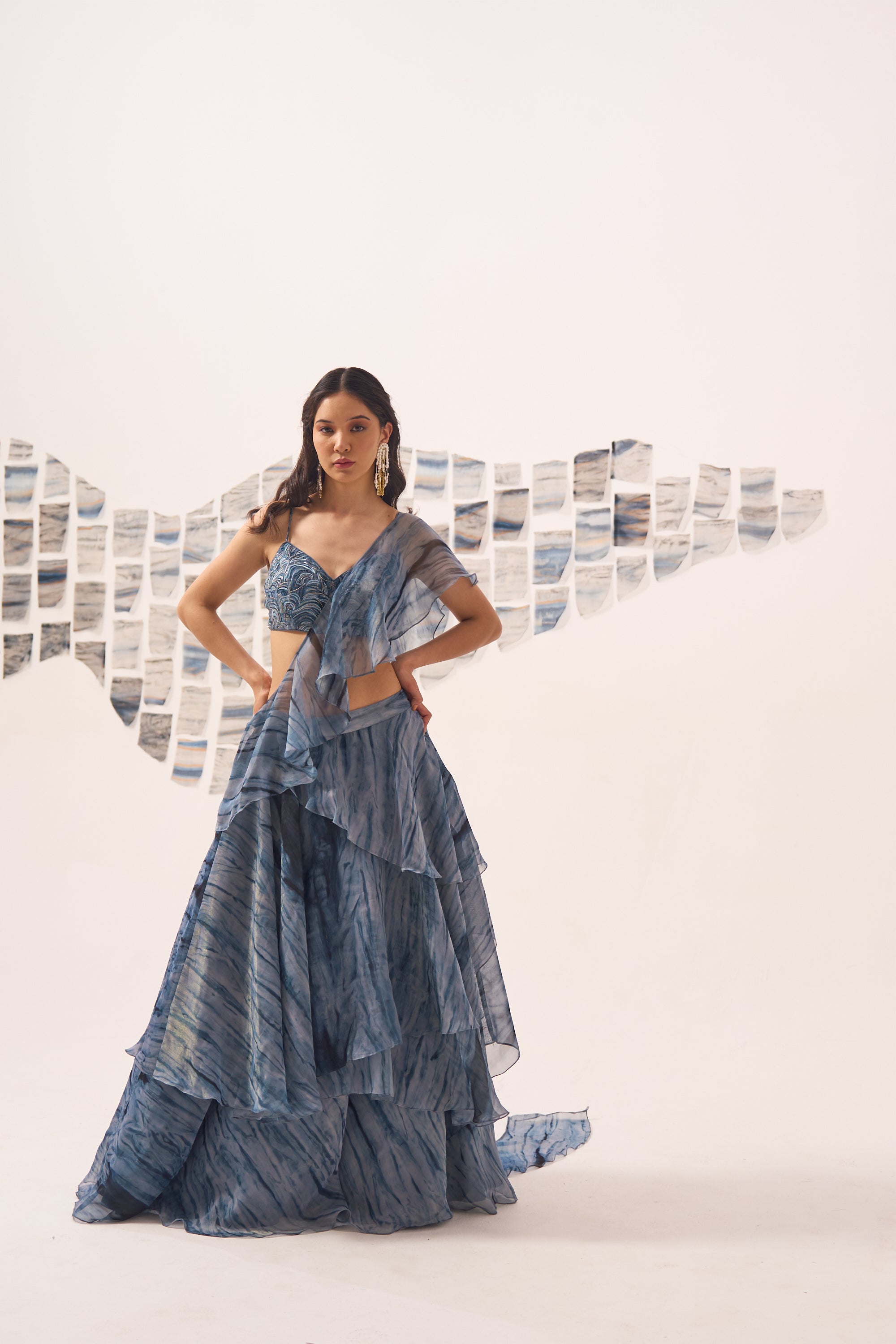 Blue Textured Ruffle Saree Lehenga