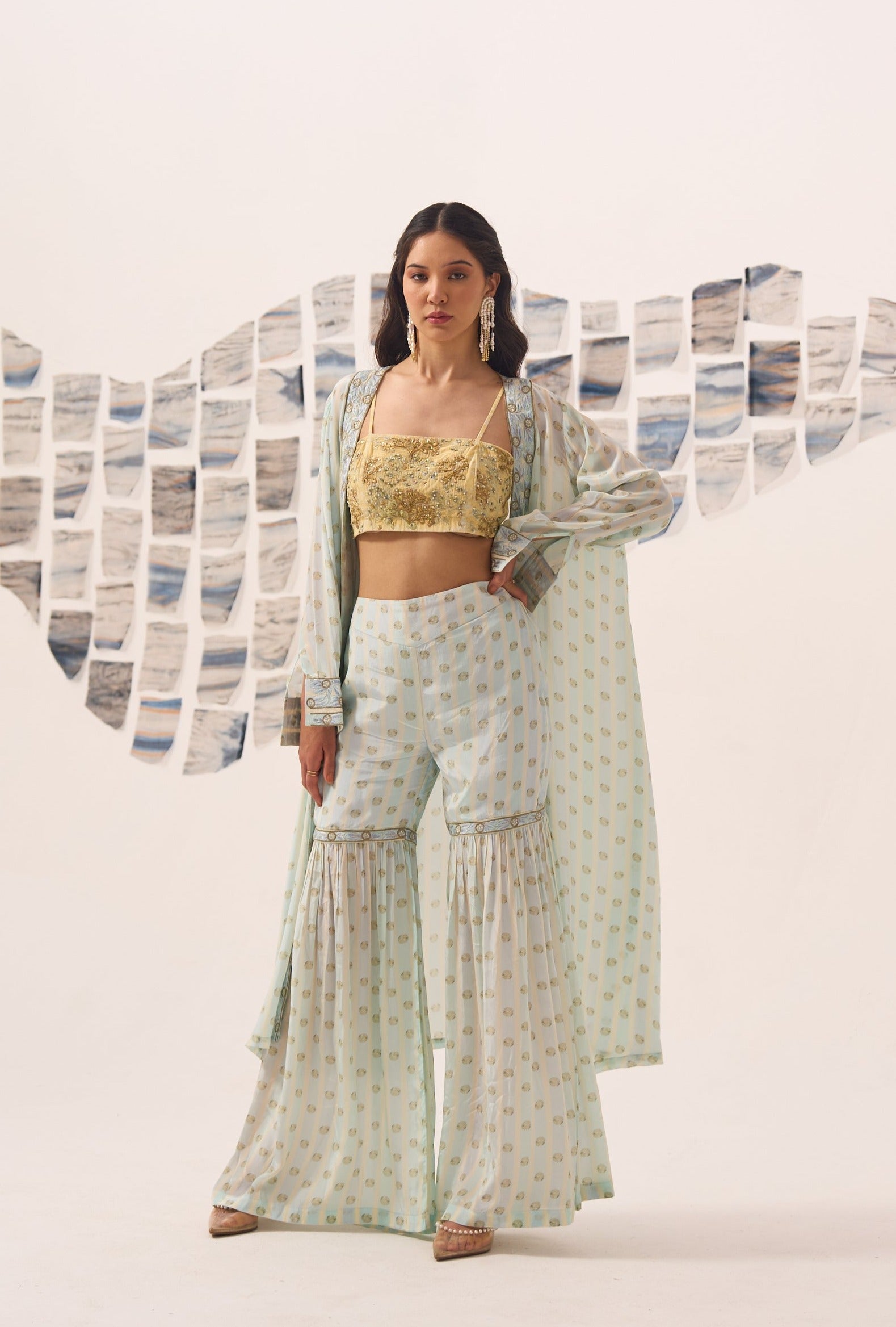 Blue Printed Sharara Set with Hand Embroidered Blouse and Cape