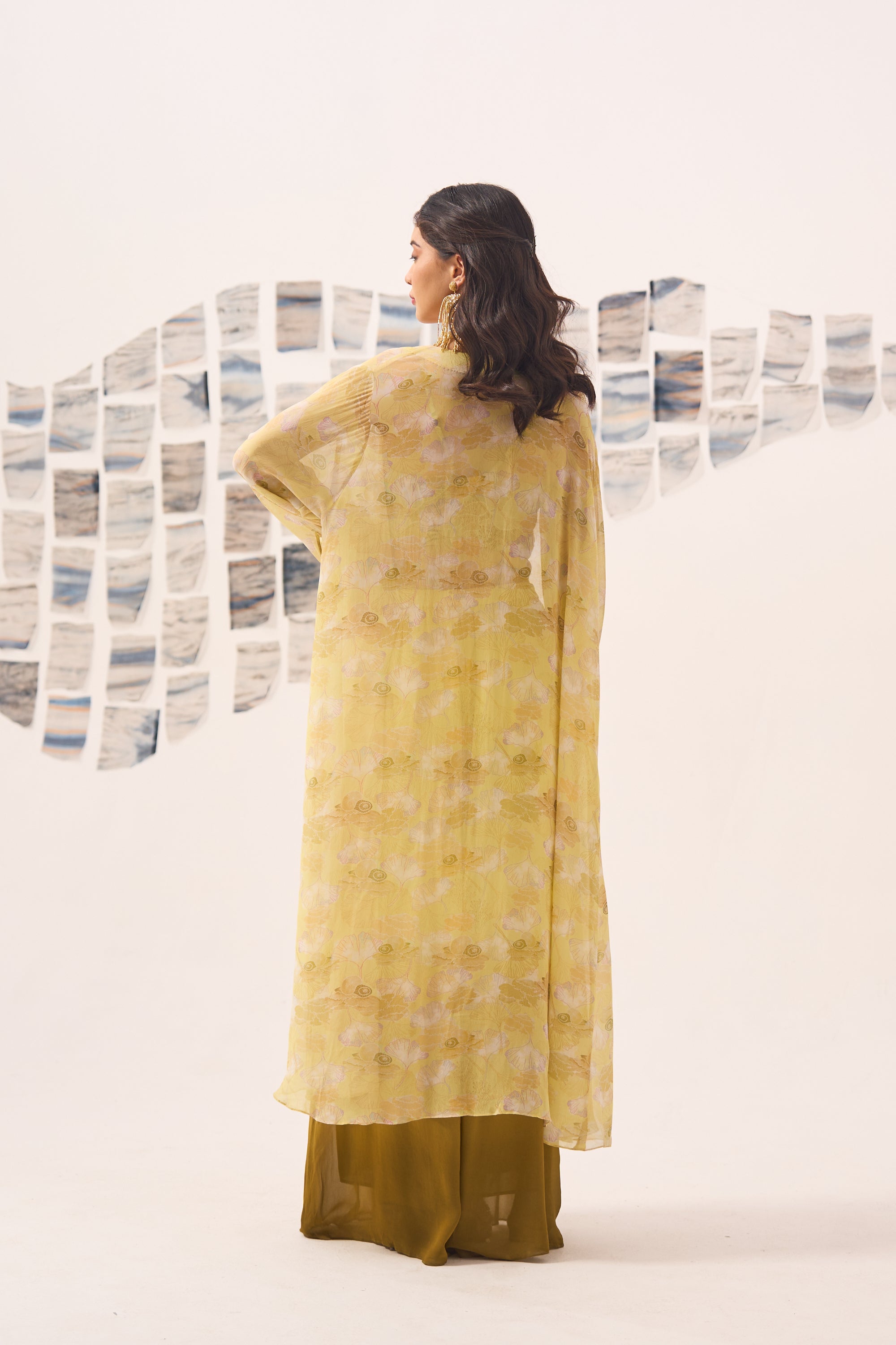 Yellow Ombre Georgette Sharara Set with Hand Embroidered Blouse and Printed Cape