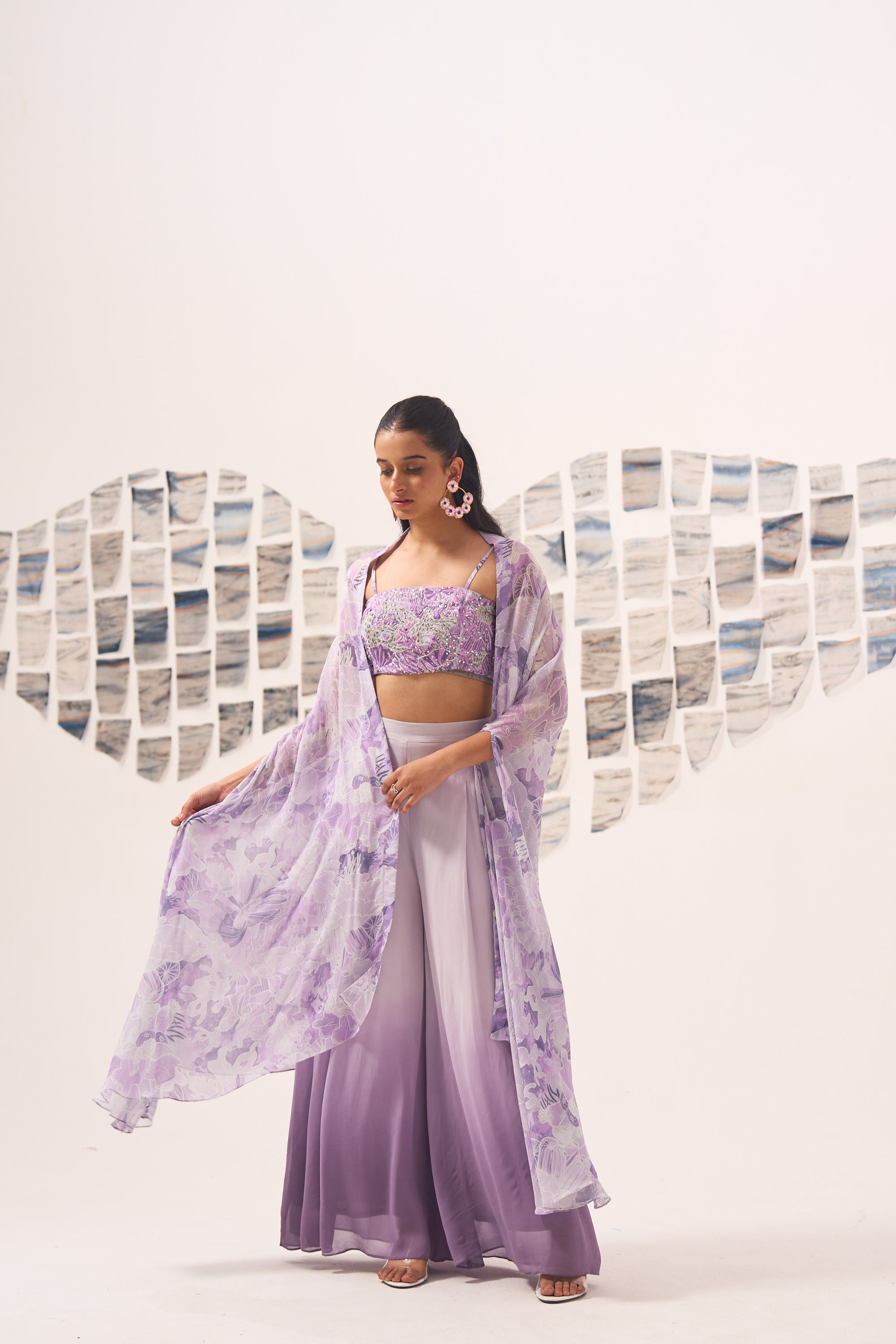 Lilac Ombre Georgette Sharara Set with Hand Embroidered Blouse and Printed Cape