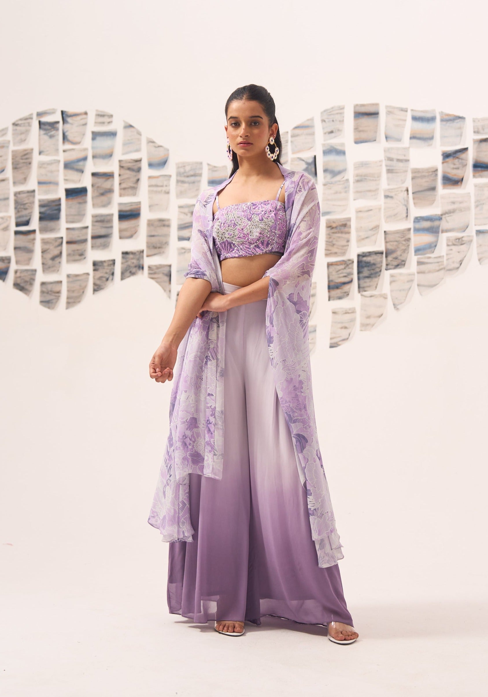 Lilac Ombre Georgette Sharara Set with Hand Embroidered Blouse and Printed Cape