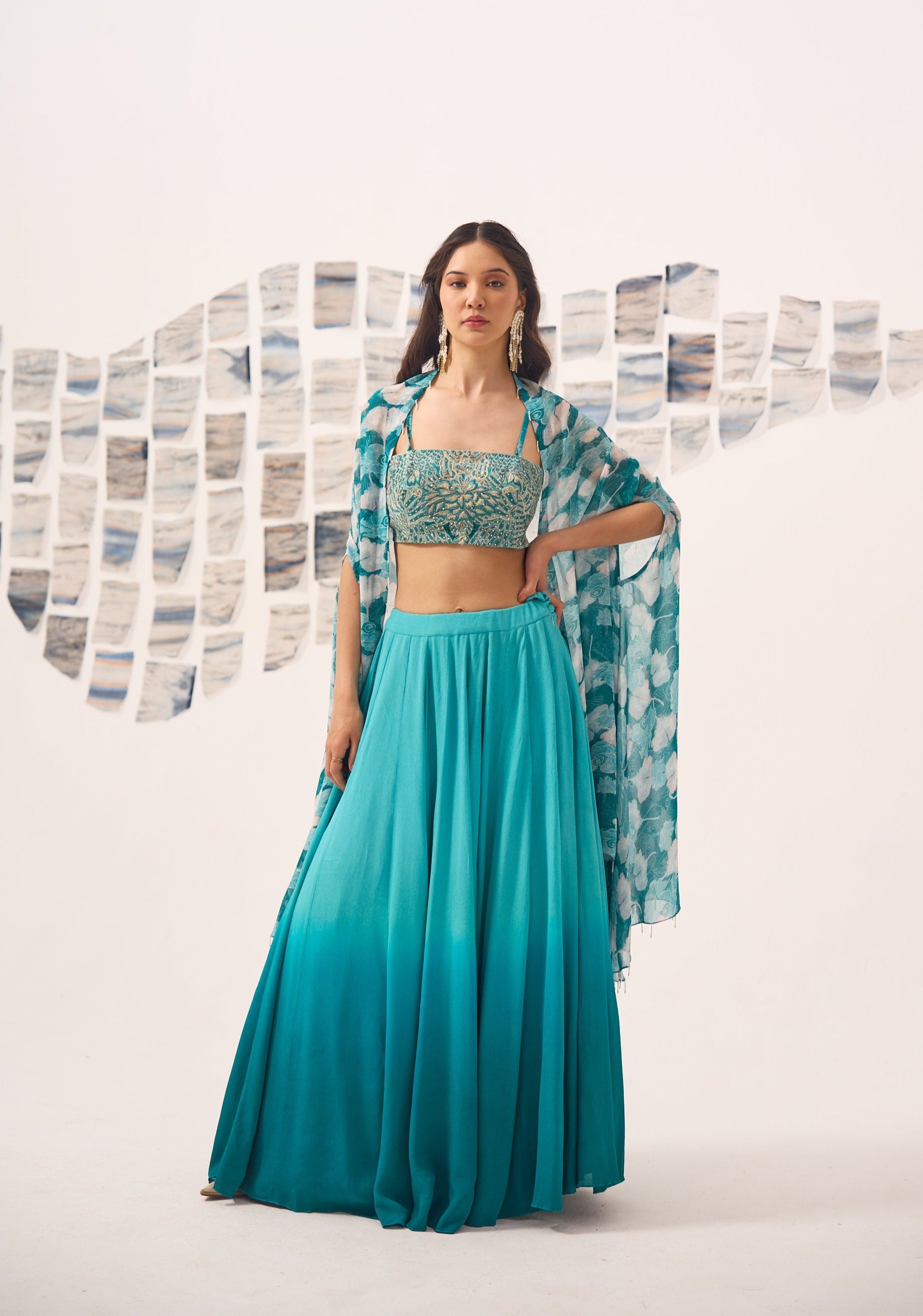 Blue Georgette Lehenga Set with Hand Embroidered Blouse and Printed Cape