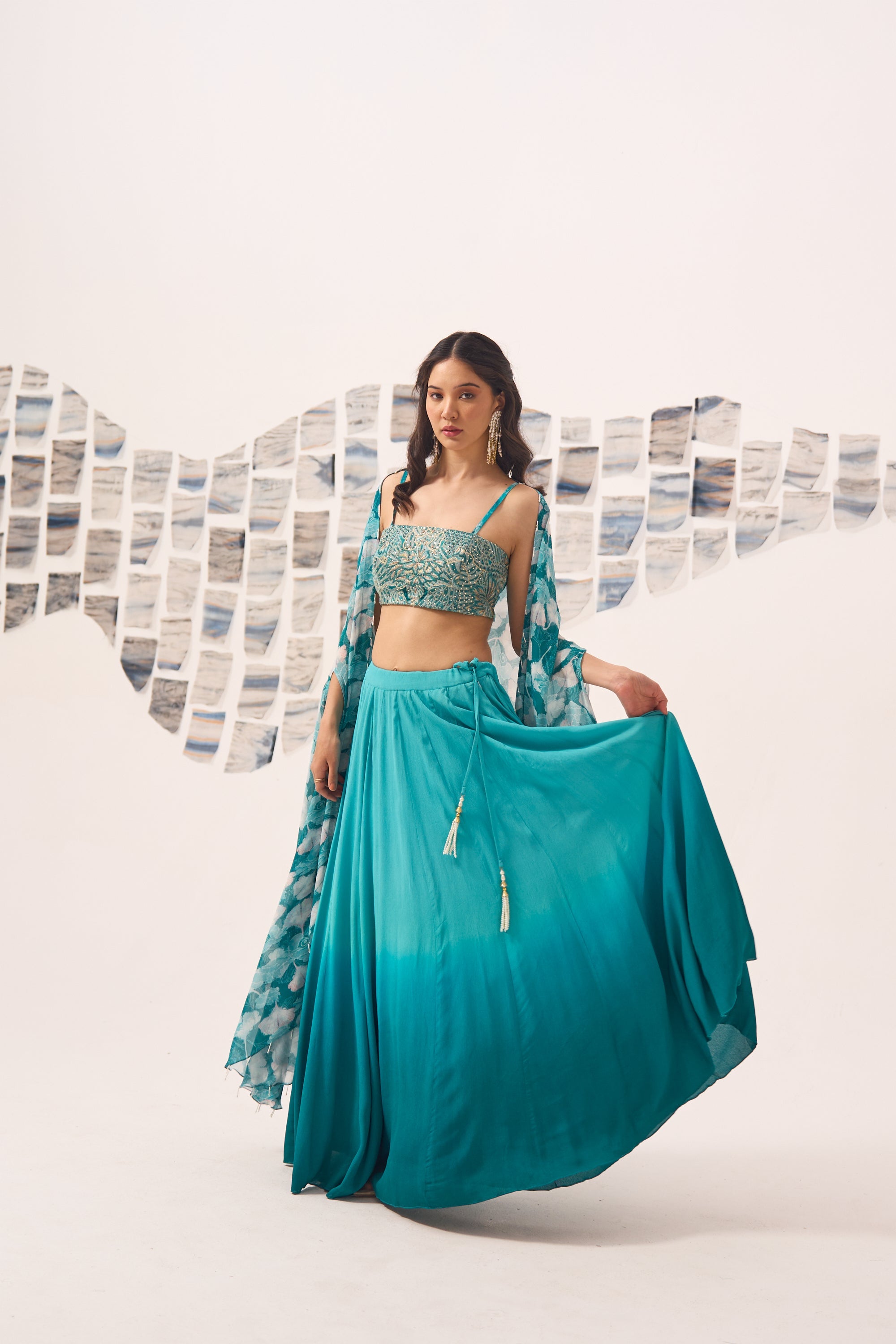 Blue Georgette Lehenga Set with Hand Embroidered Blouse and Printed Cape