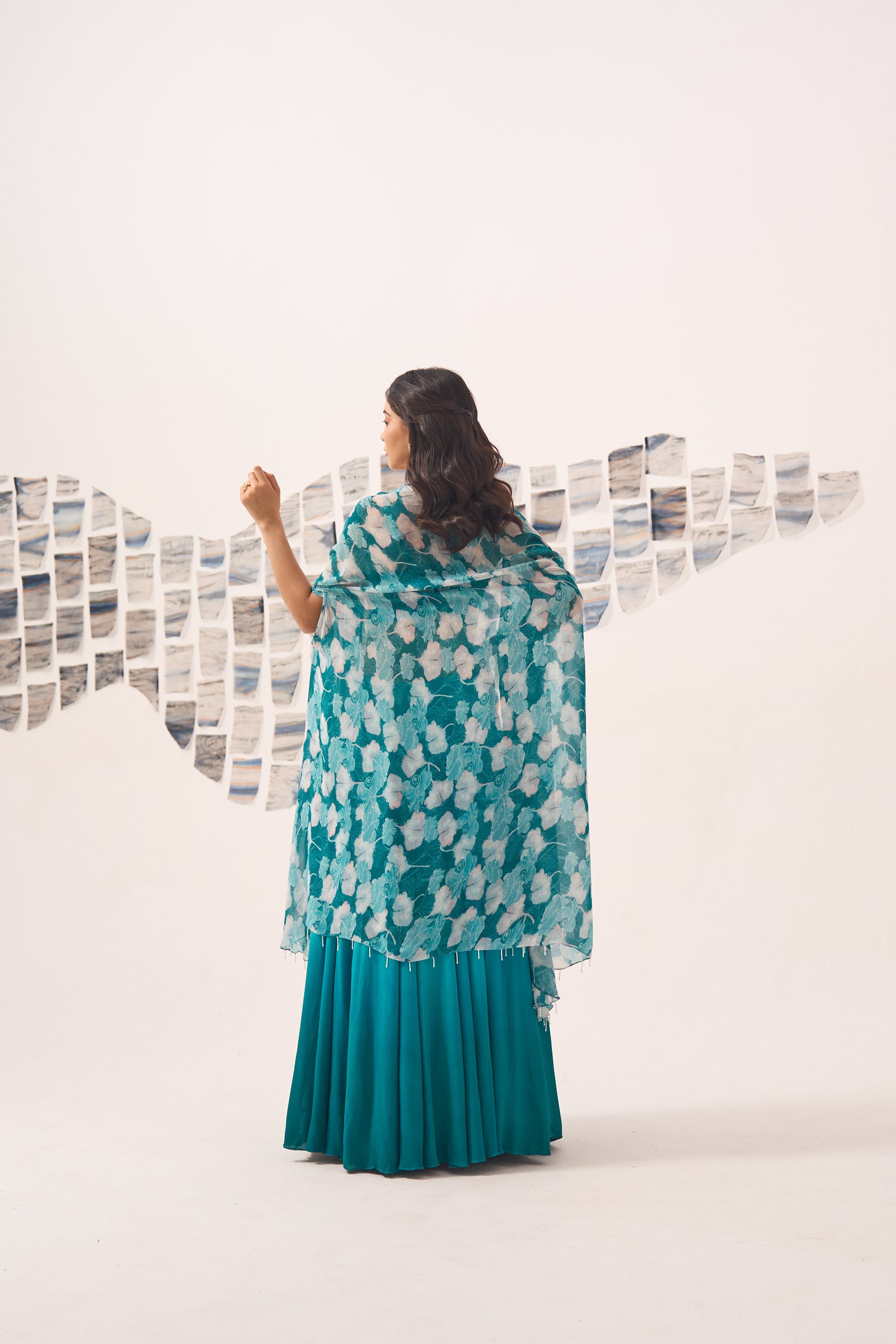 Blue Georgette Lehenga Set with Hand Embroidered Blouse and Printed Cape