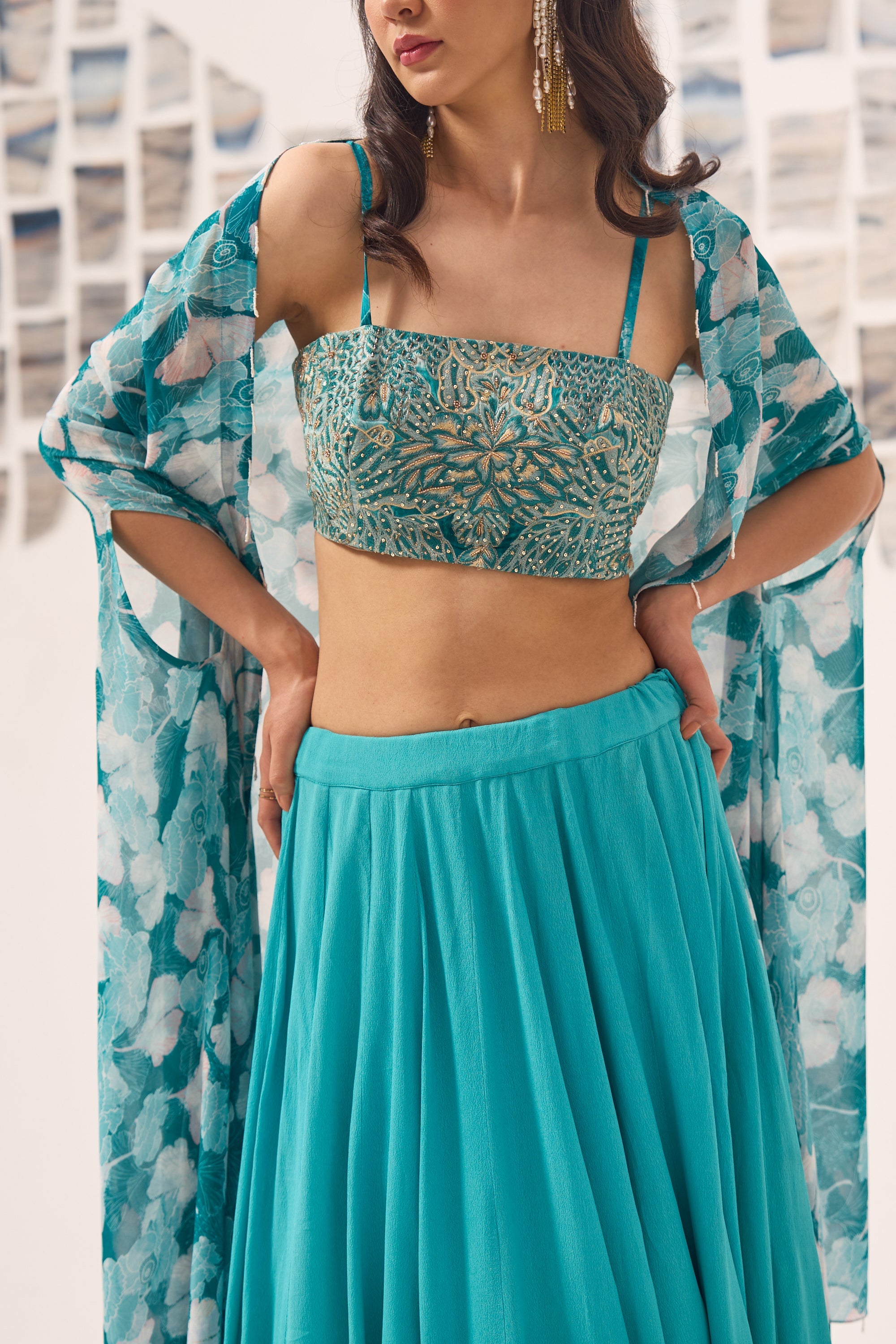 Blue Georgette Lehenga Set with Hand Embroidered Blouse and Printed Cape