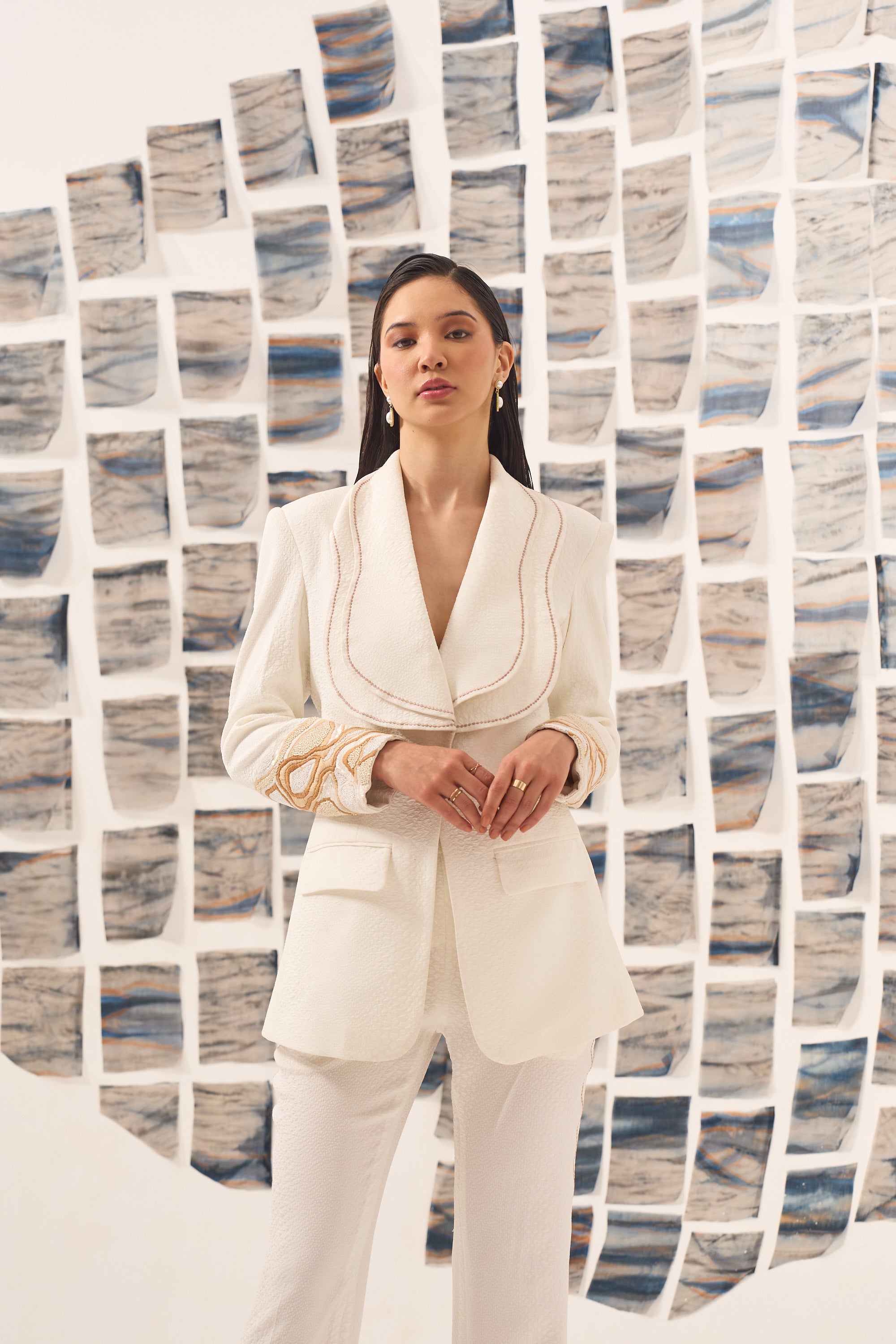 White Embroidered Blazer Set