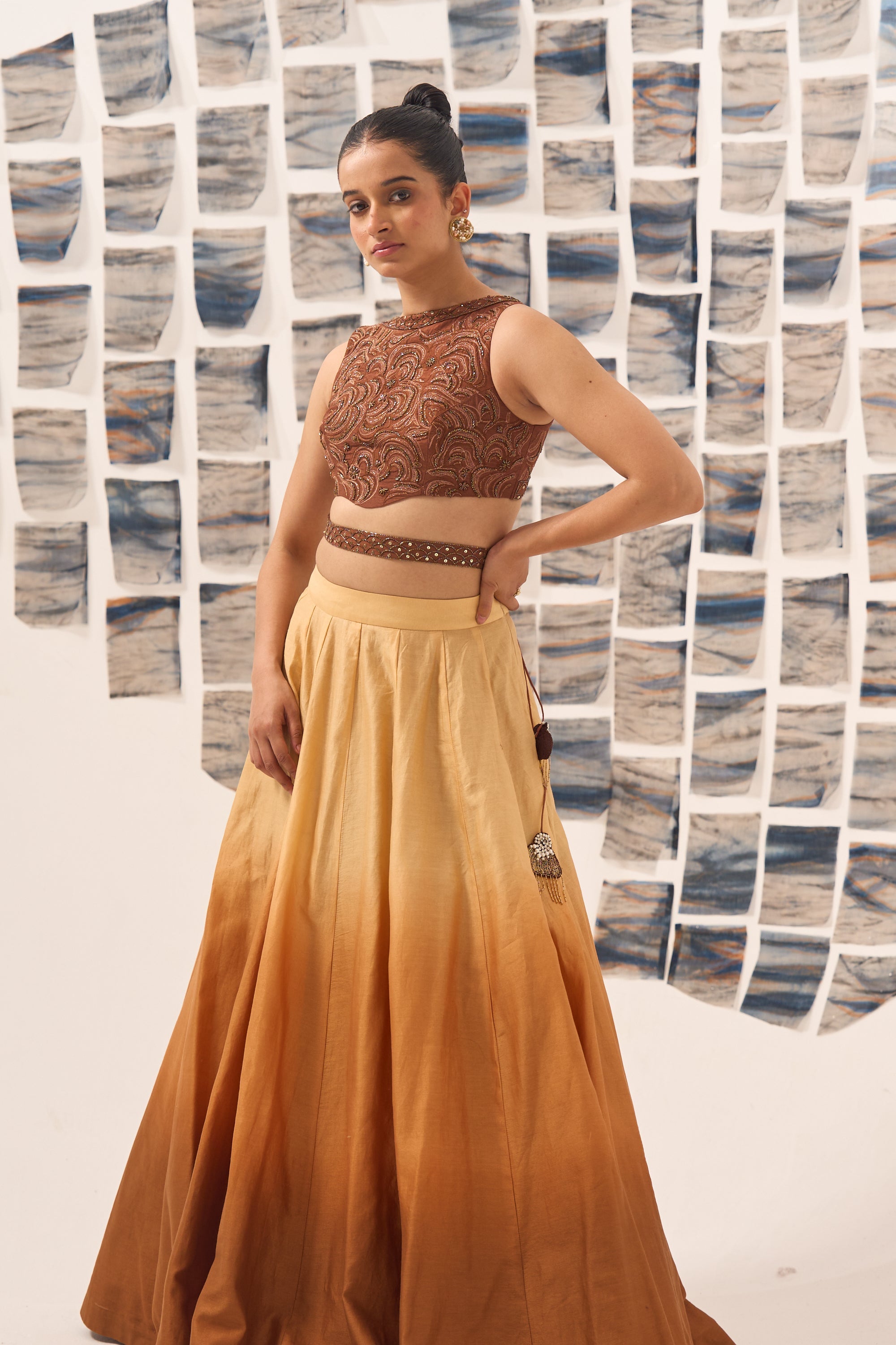 Brown Lehenga with Hand Embroidered Blouse & Belt