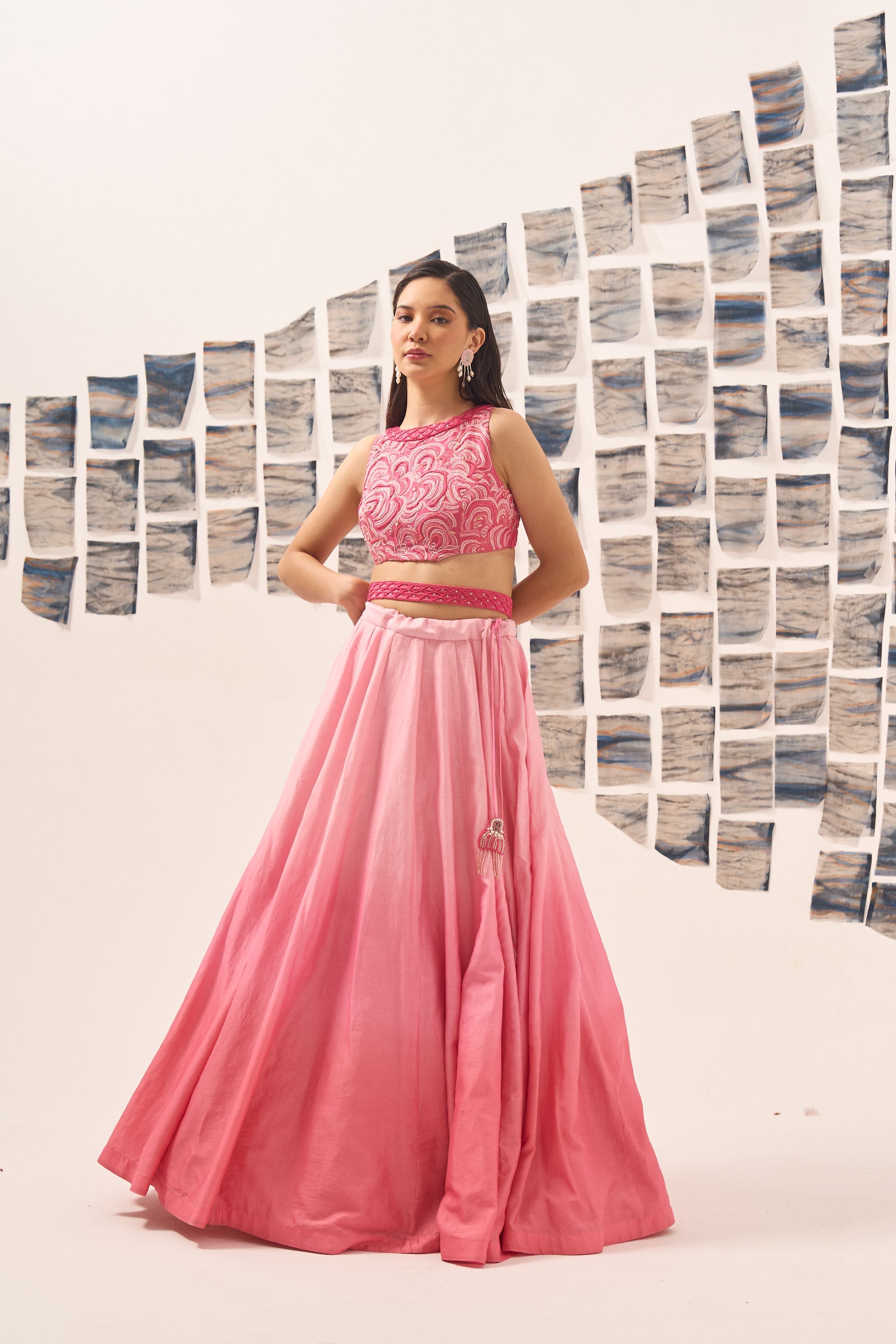 Pink Lehenga with Hand Embroidered Blouse & Belt
