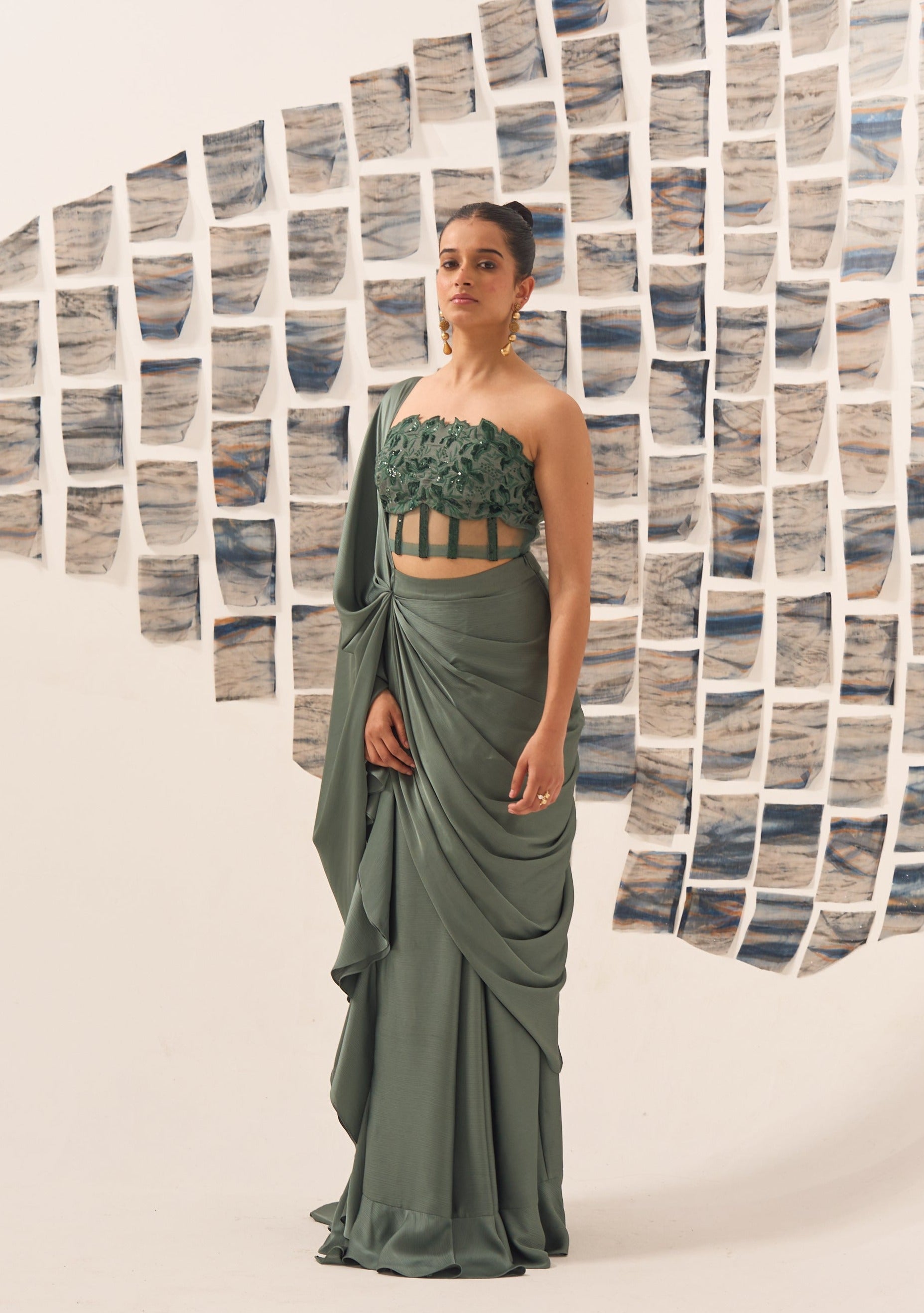 Pre Draped Saree with Embroidered Corset Blouse