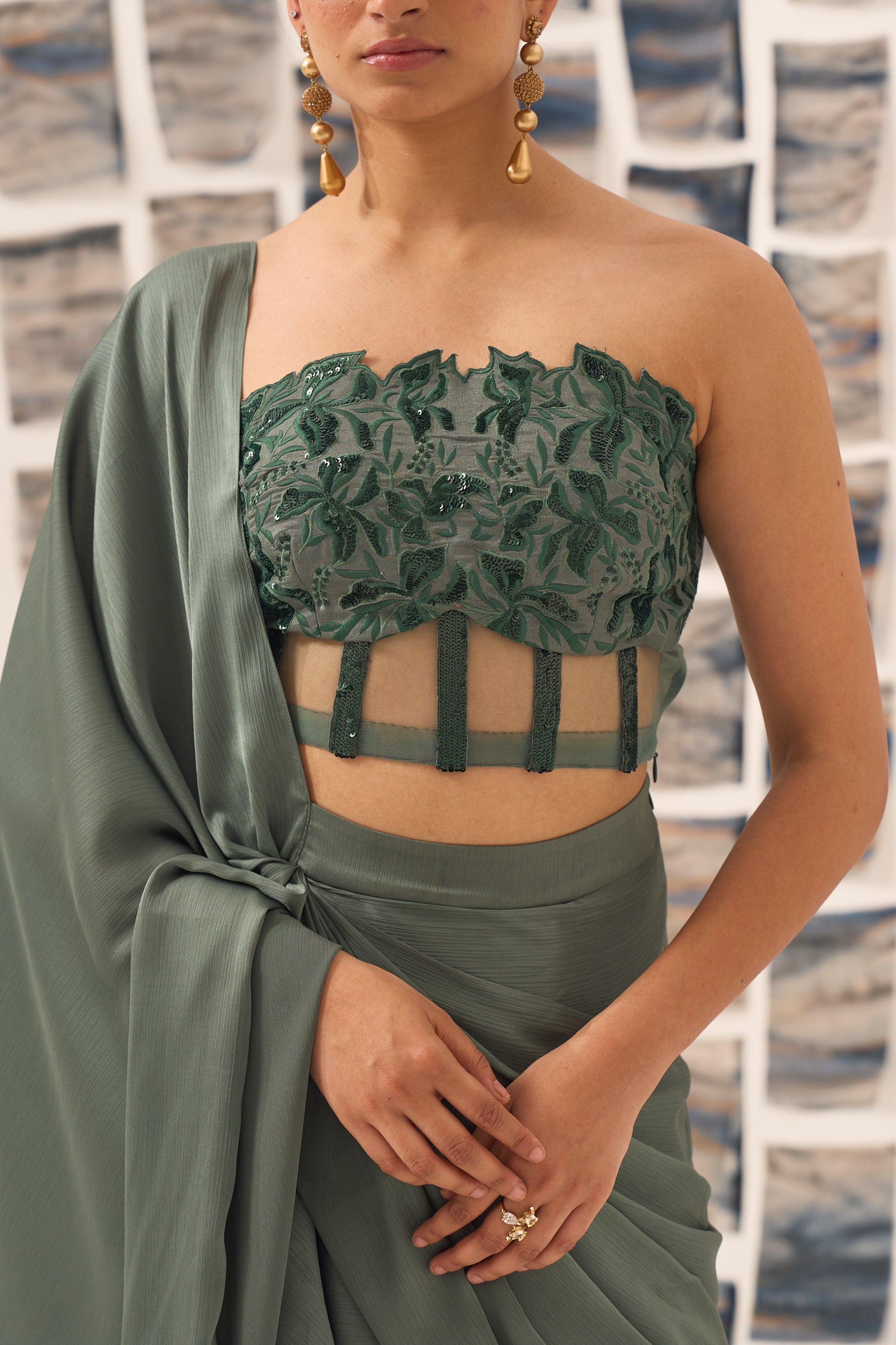 Pre Draped Saree with Embroidered Corset Blouse